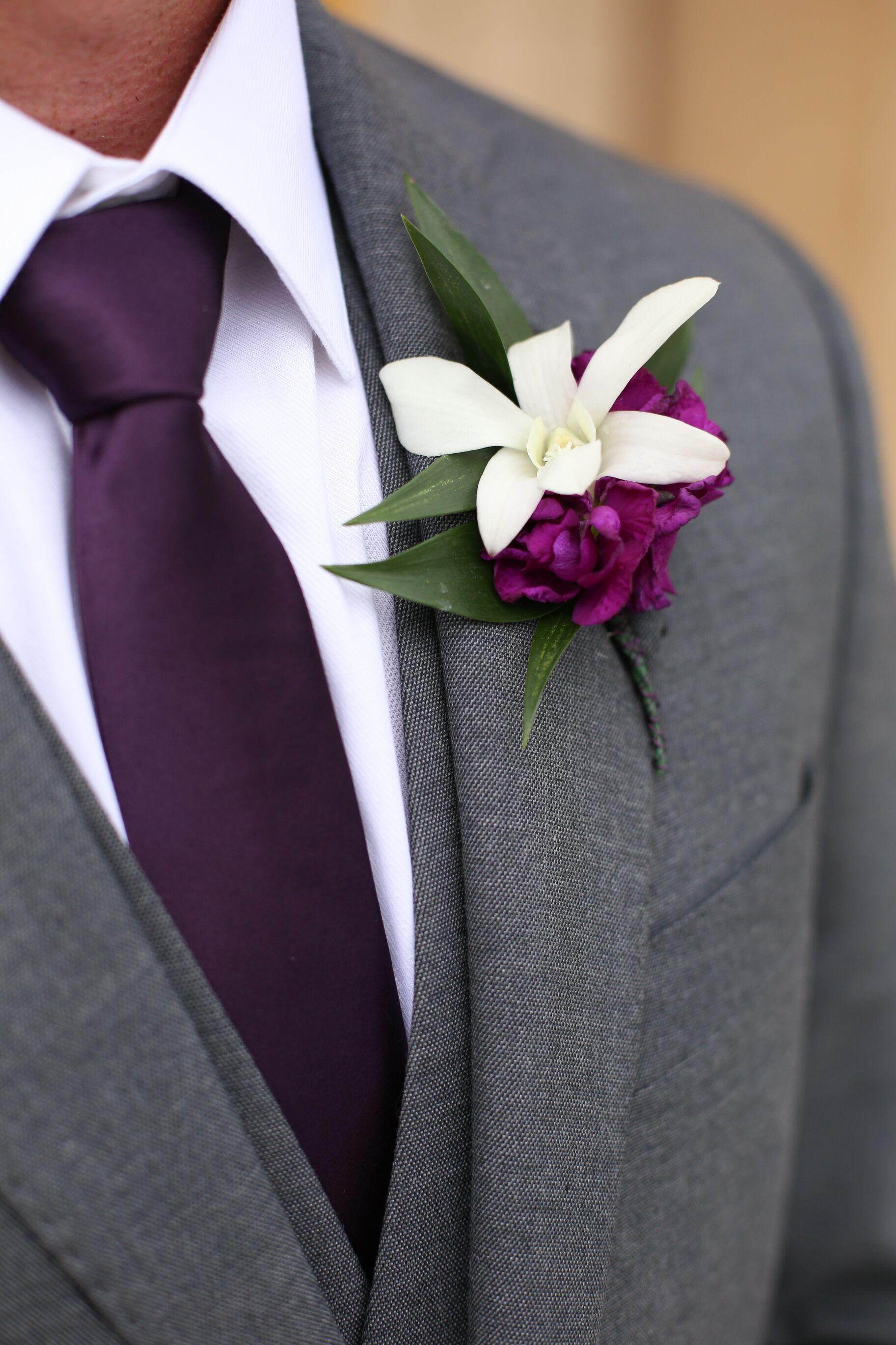 White Orchid, Purple Peony Boutonniere