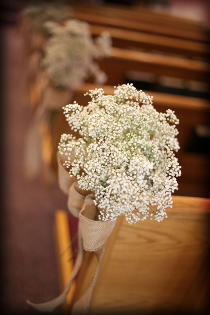 Burlap and Baby's Breath Pew Decorations