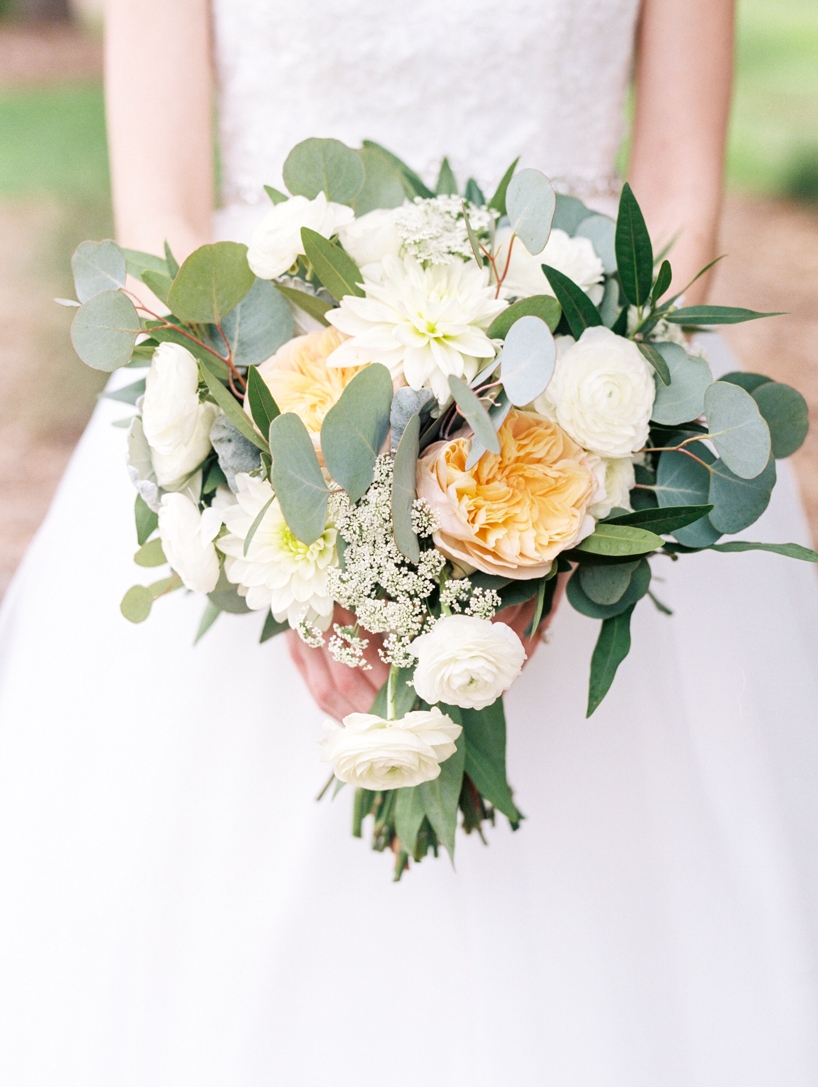 Garden Bridal Bouquet with Eucalyptus and Ivory and Peach Flowers