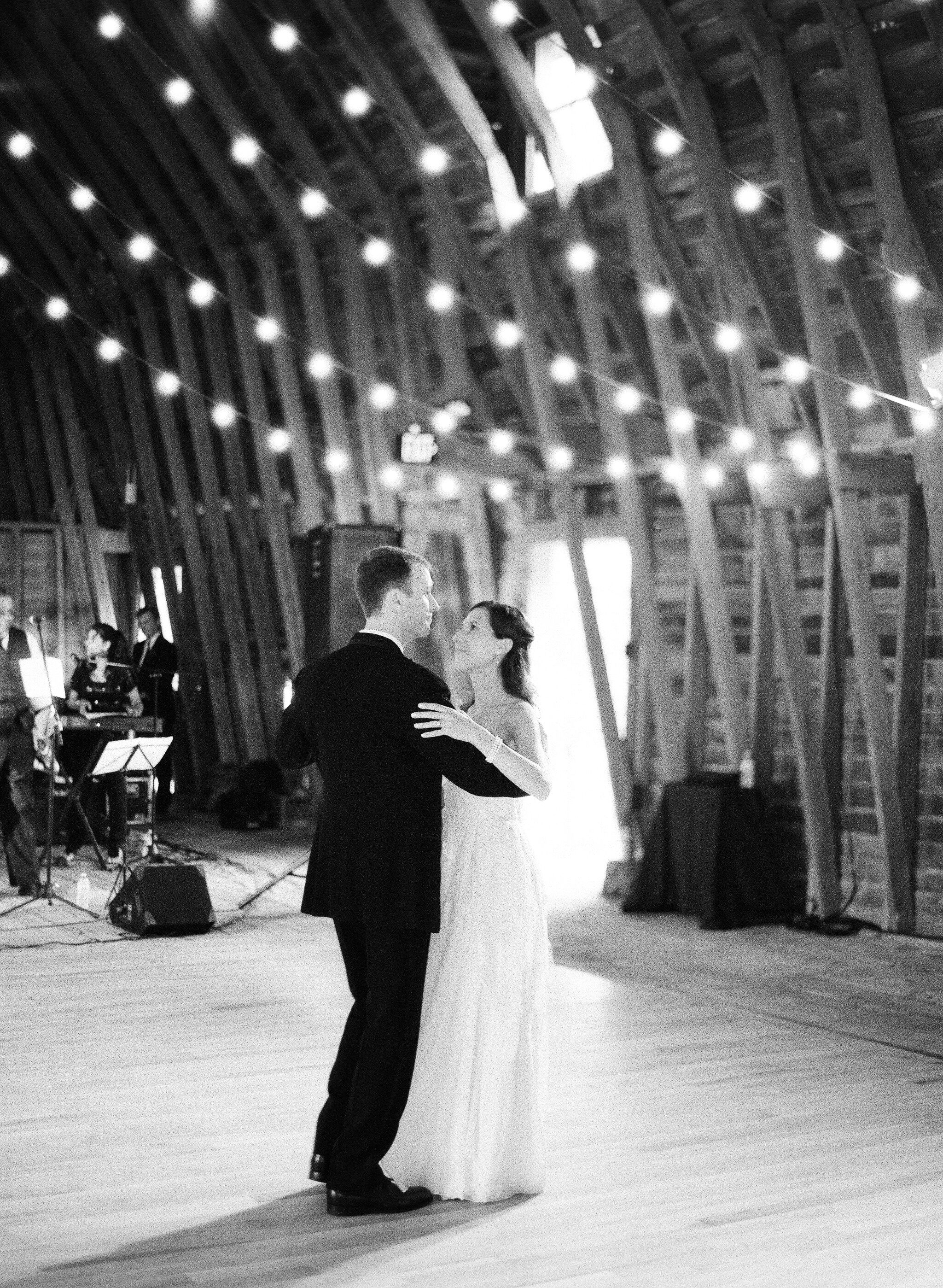 First Dance Under String Lights at Classy Inn at Mount Vernon Farm Wedding