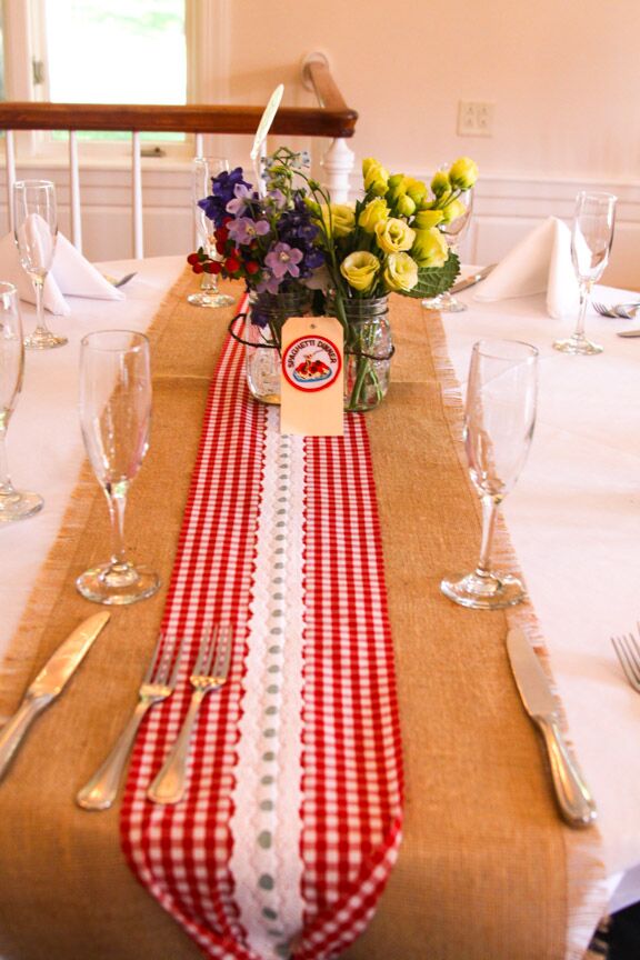Red Gingham and Burlap Dining Table Runners