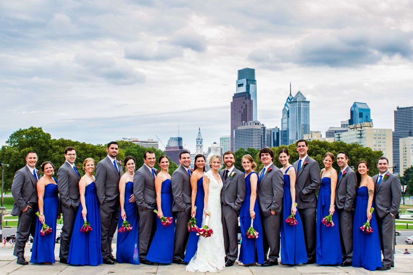 Royal Blue Wedding Party with Pink Flowers