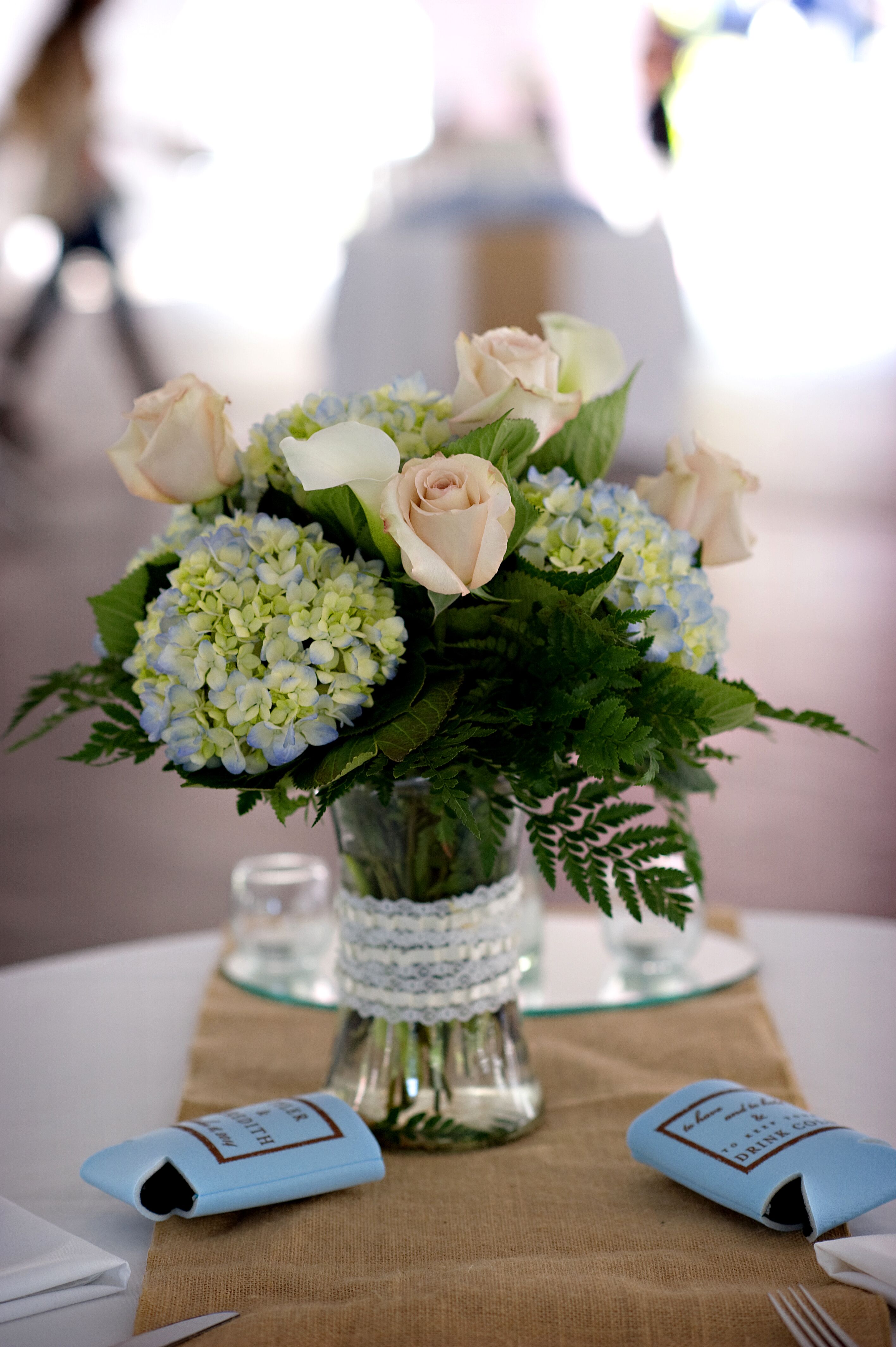 Blue Hydrangea and Champagne Rose Centerpieces