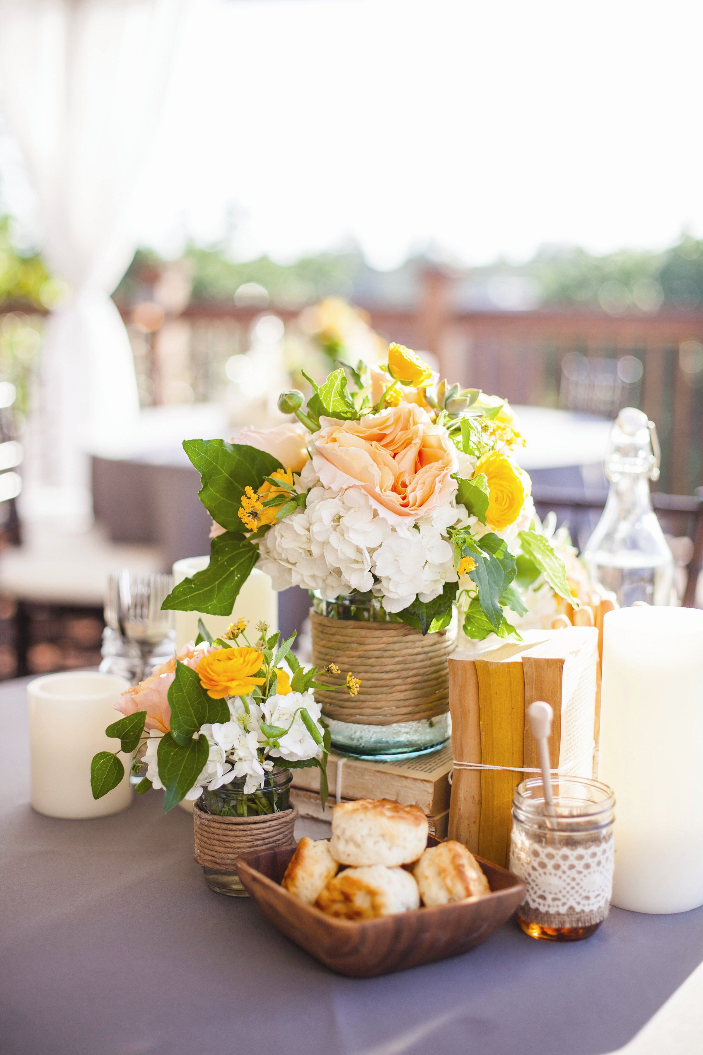 Centerpieces with Books and Flowers