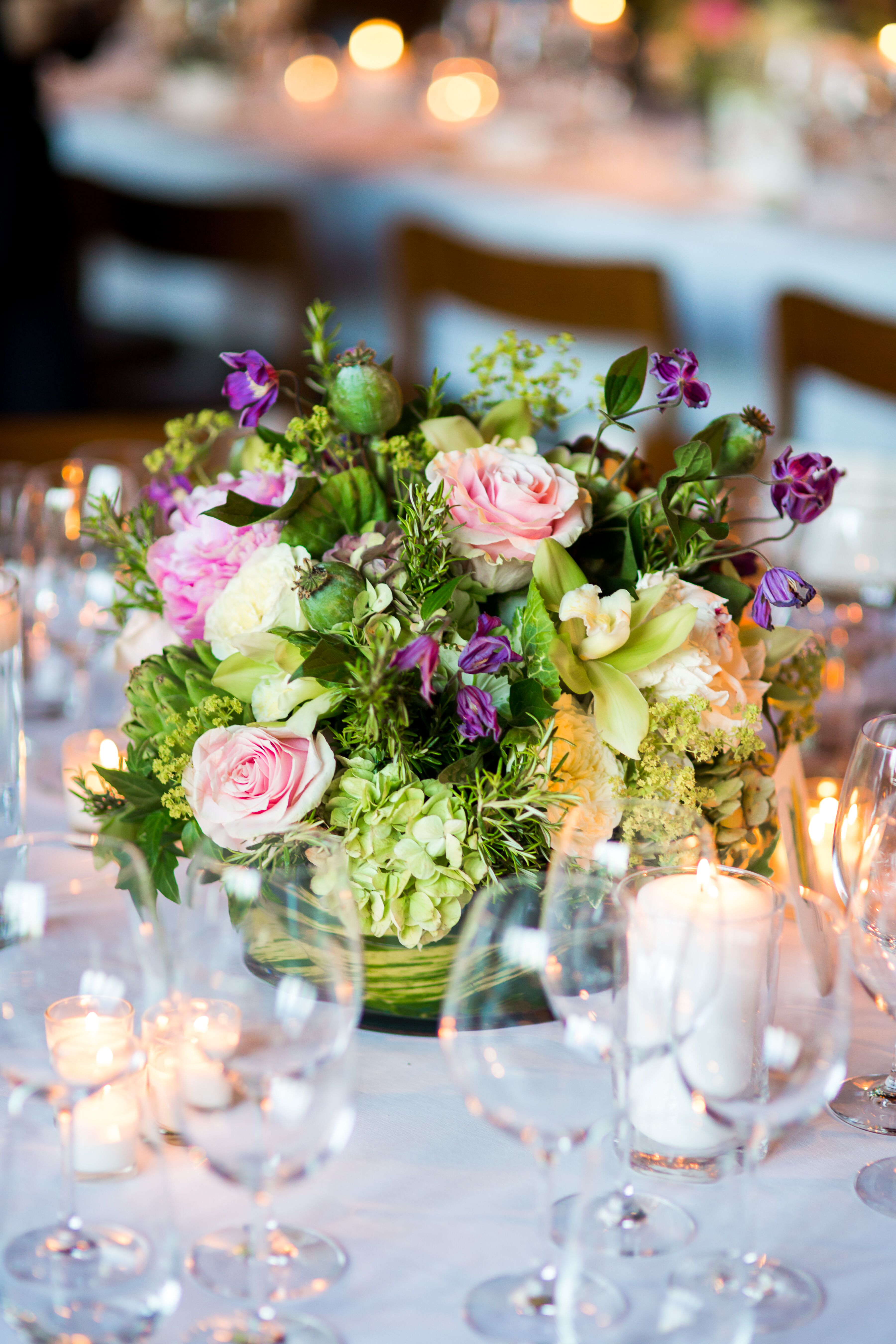 Round Centerpieces with Pink Roses and Greenery