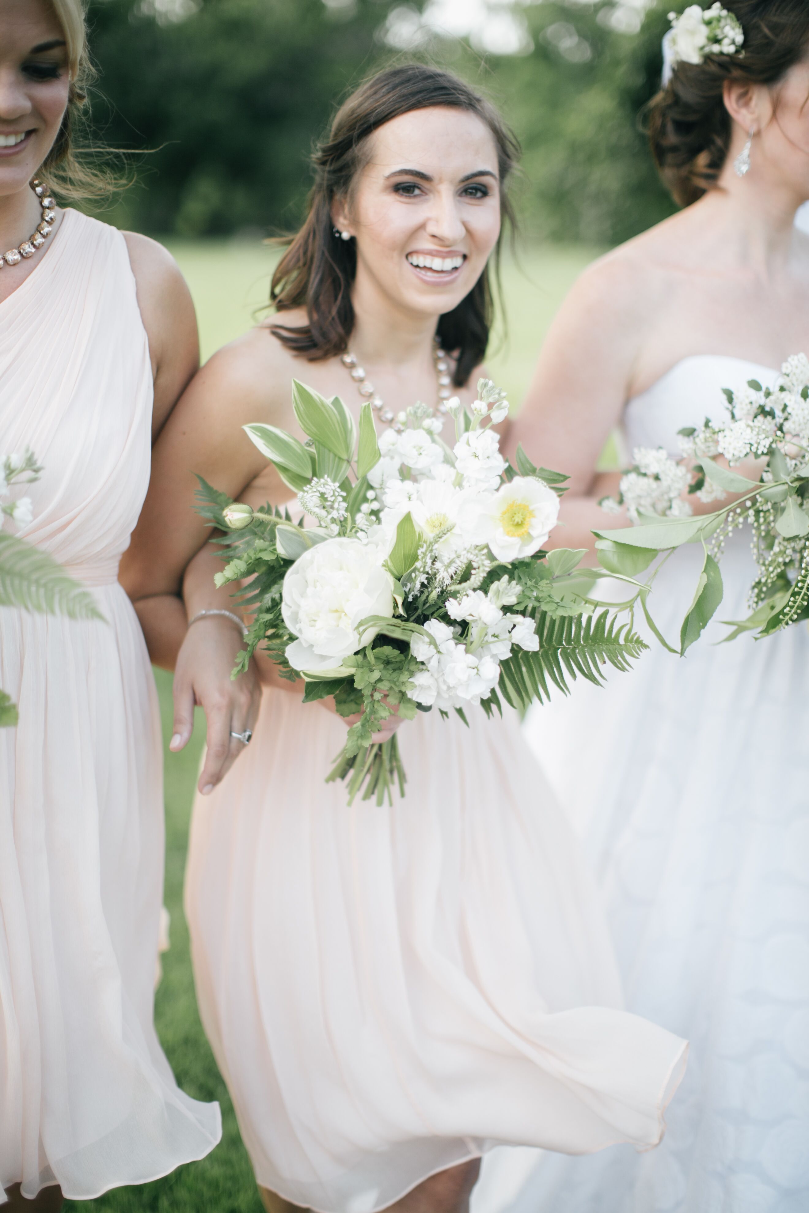 Peach J.Crew Bridesmaid Dresses with Statement Necklace