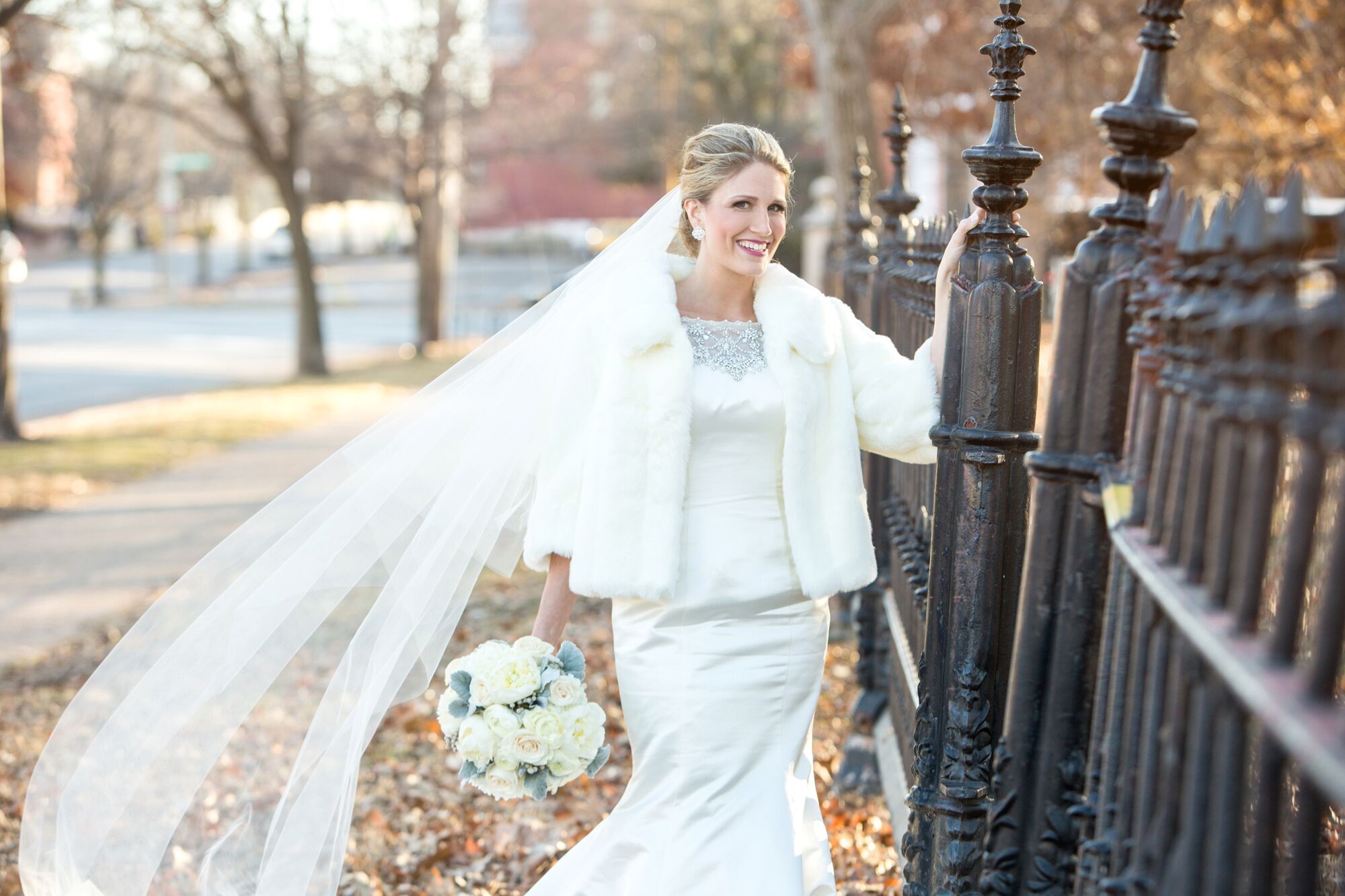 All White Wedding Dress and Veil with White Fur Coat