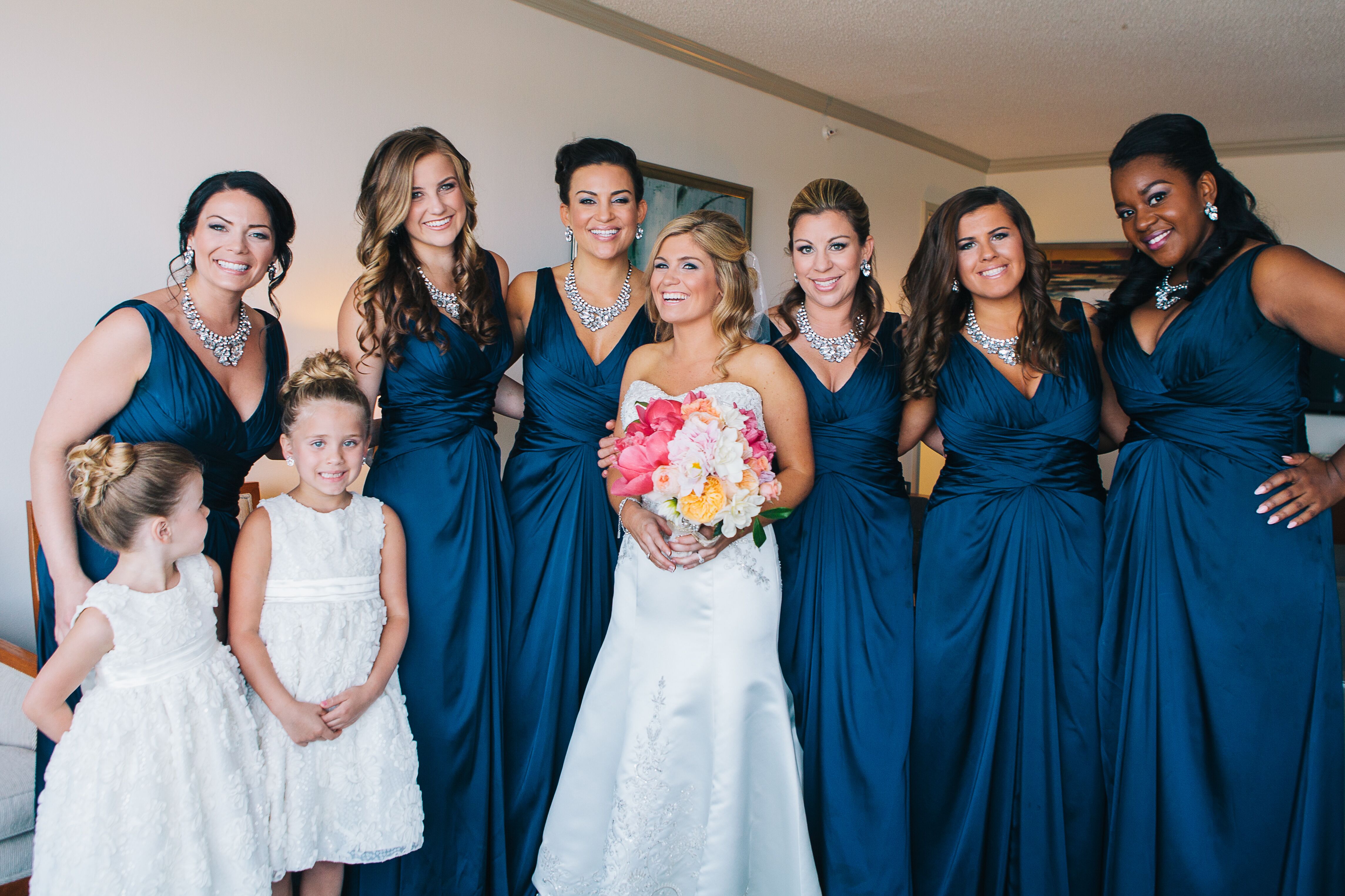 Blue V-Neck Bridesmaids Dresses and Bold Jewelry