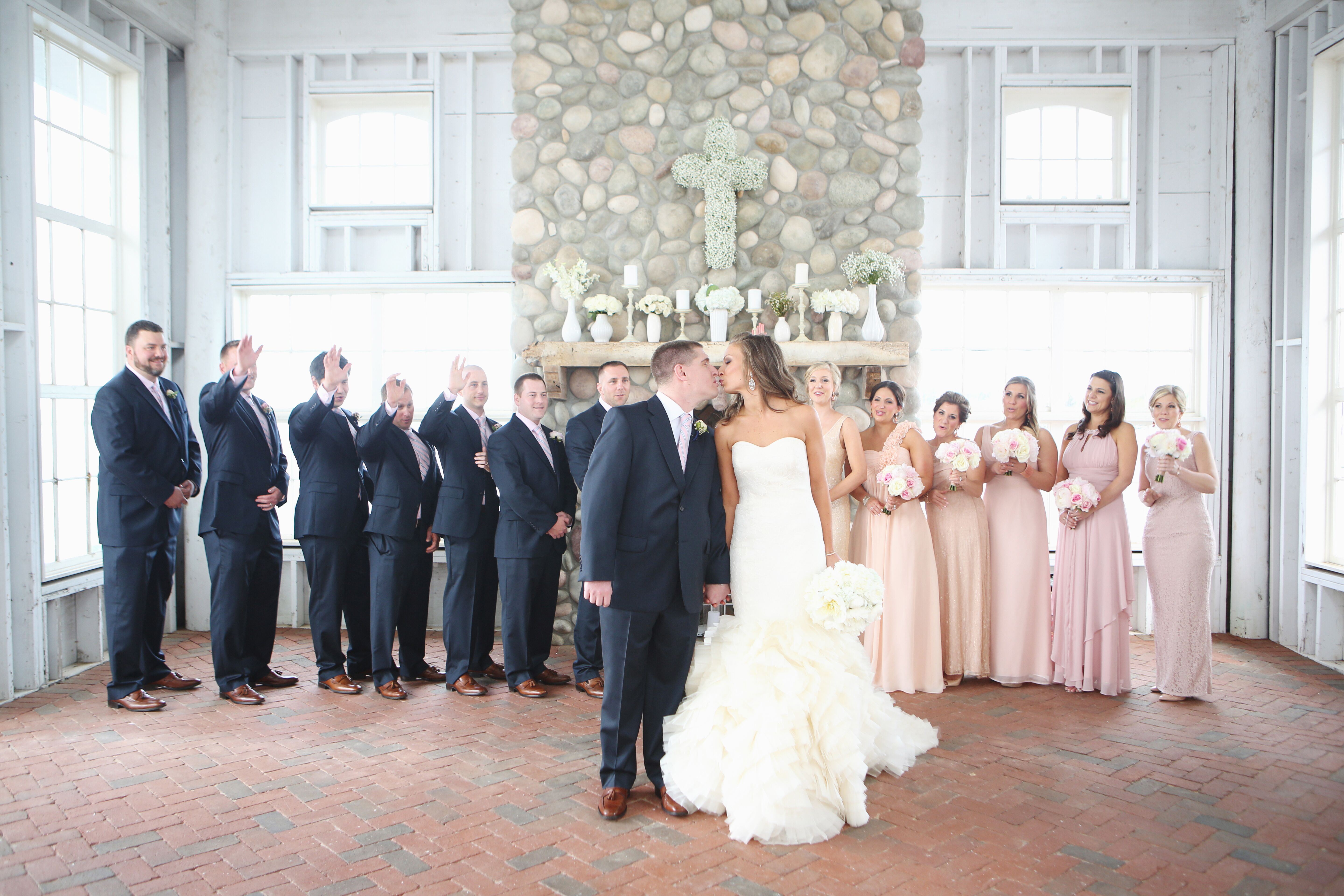 Pink Bridesmaid  Dresses  and Navy  Groomsmen  Suits