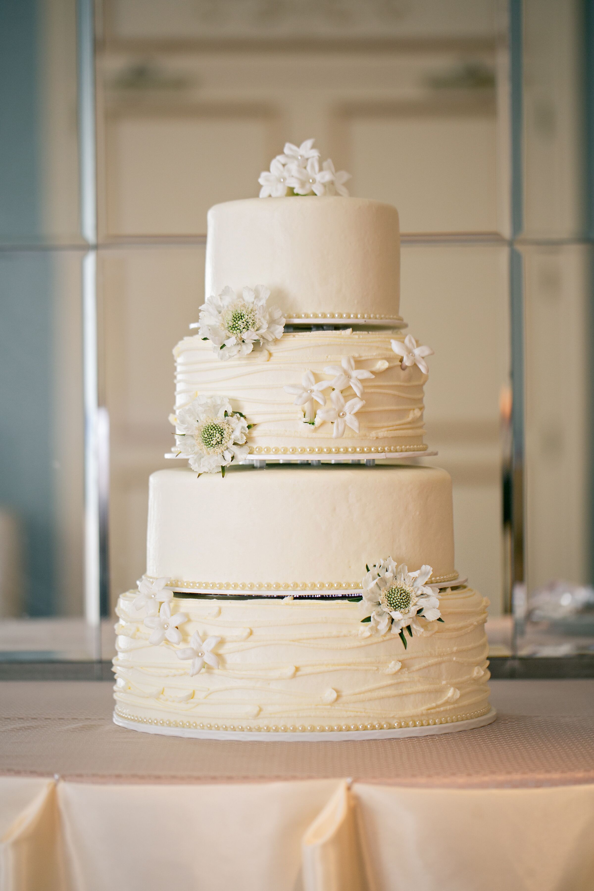 White Round Tiered Wedding Cake With Scabiosa