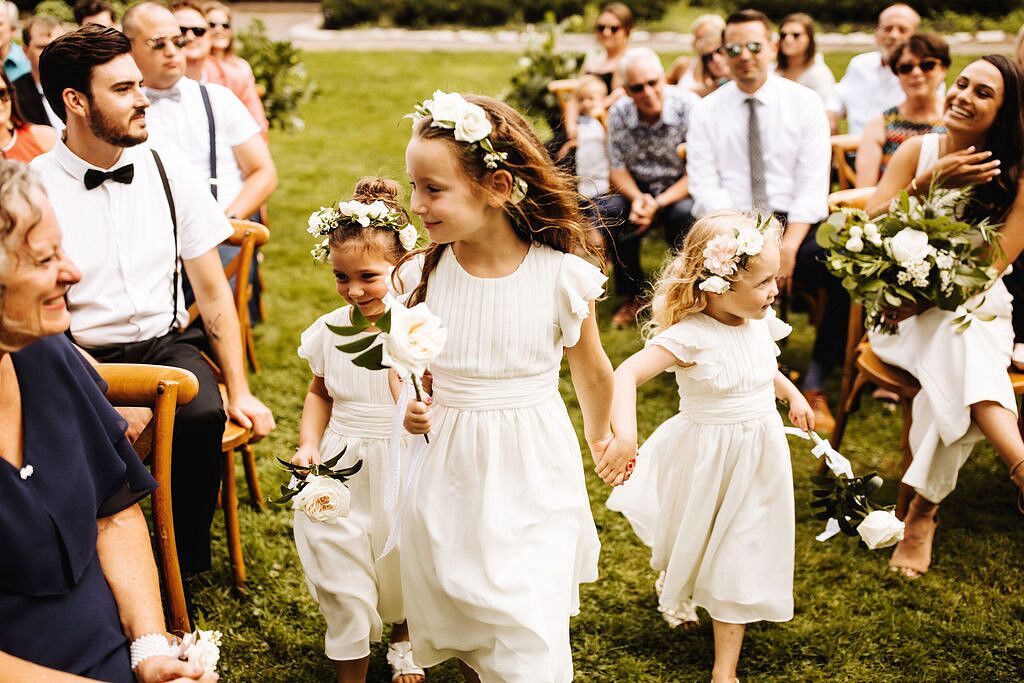 Rustic Flower Girls with White Dresses and Flower Crowns