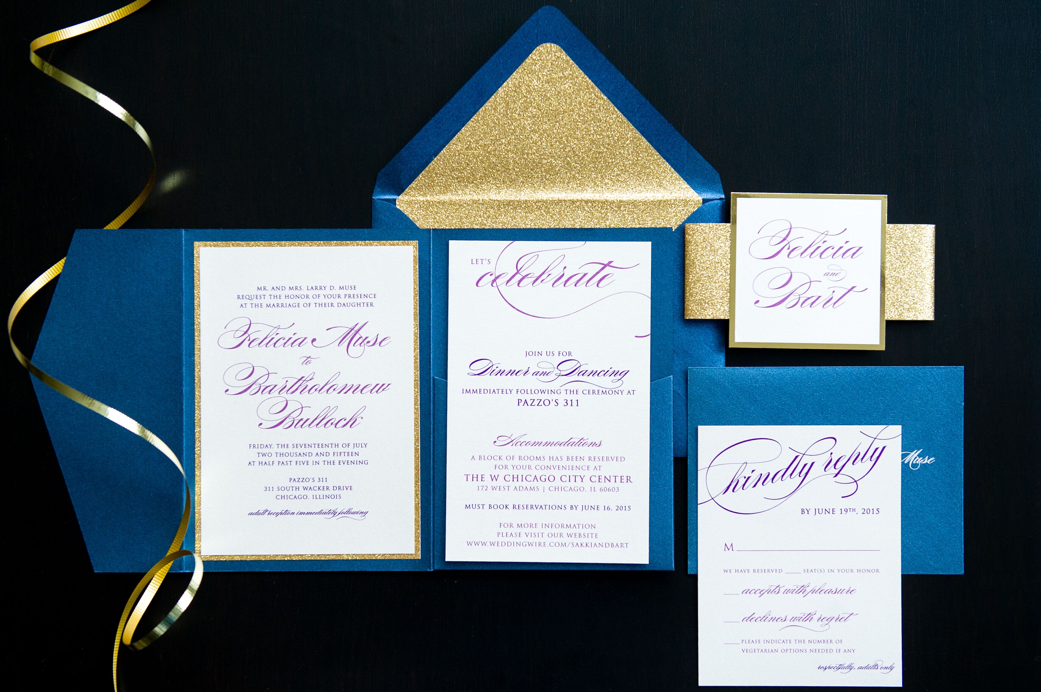 Navy, Purple and Gold Wedding Invitation Suite