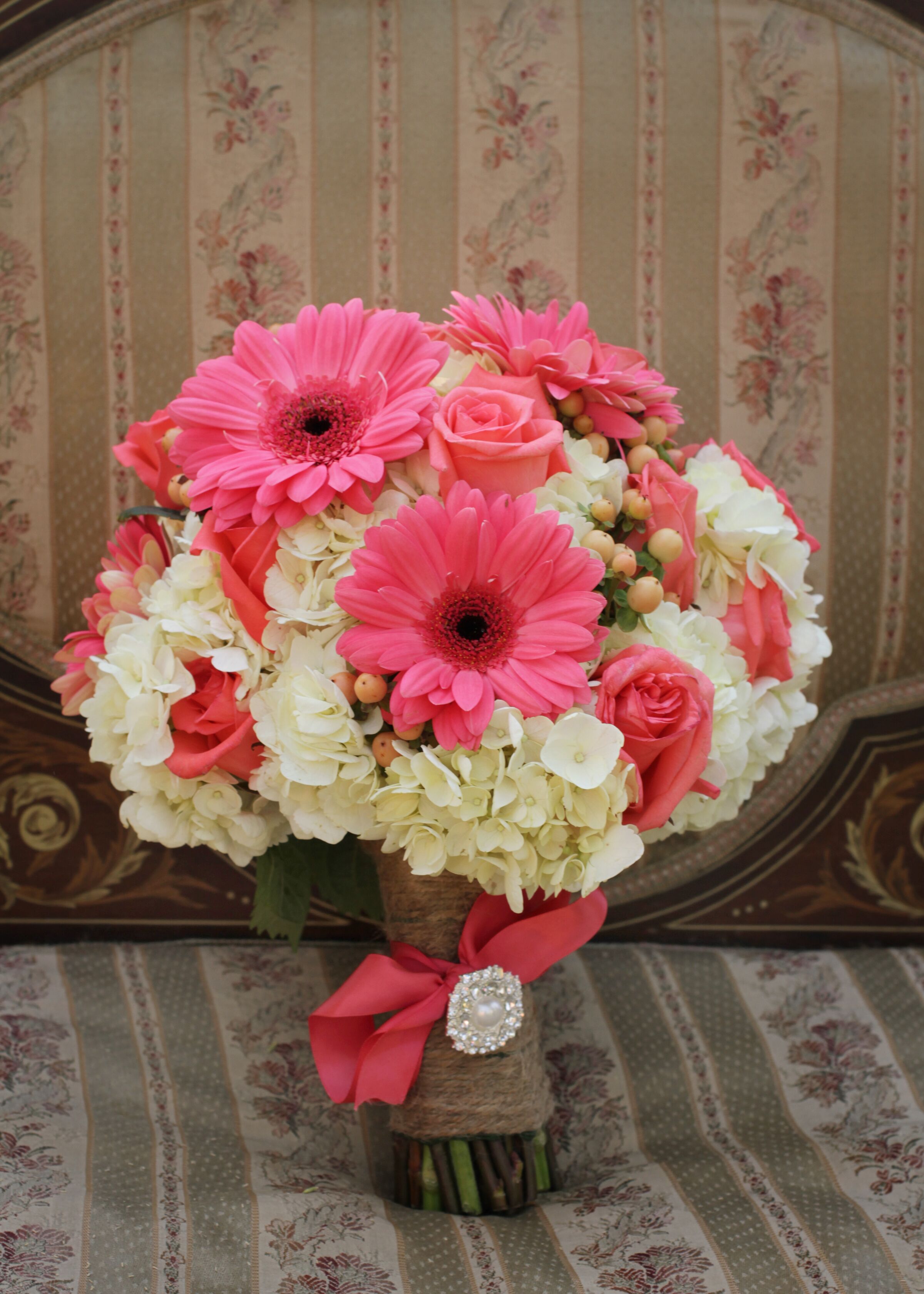 Pink Daisy and White Hydrangea Bridal Bouquet