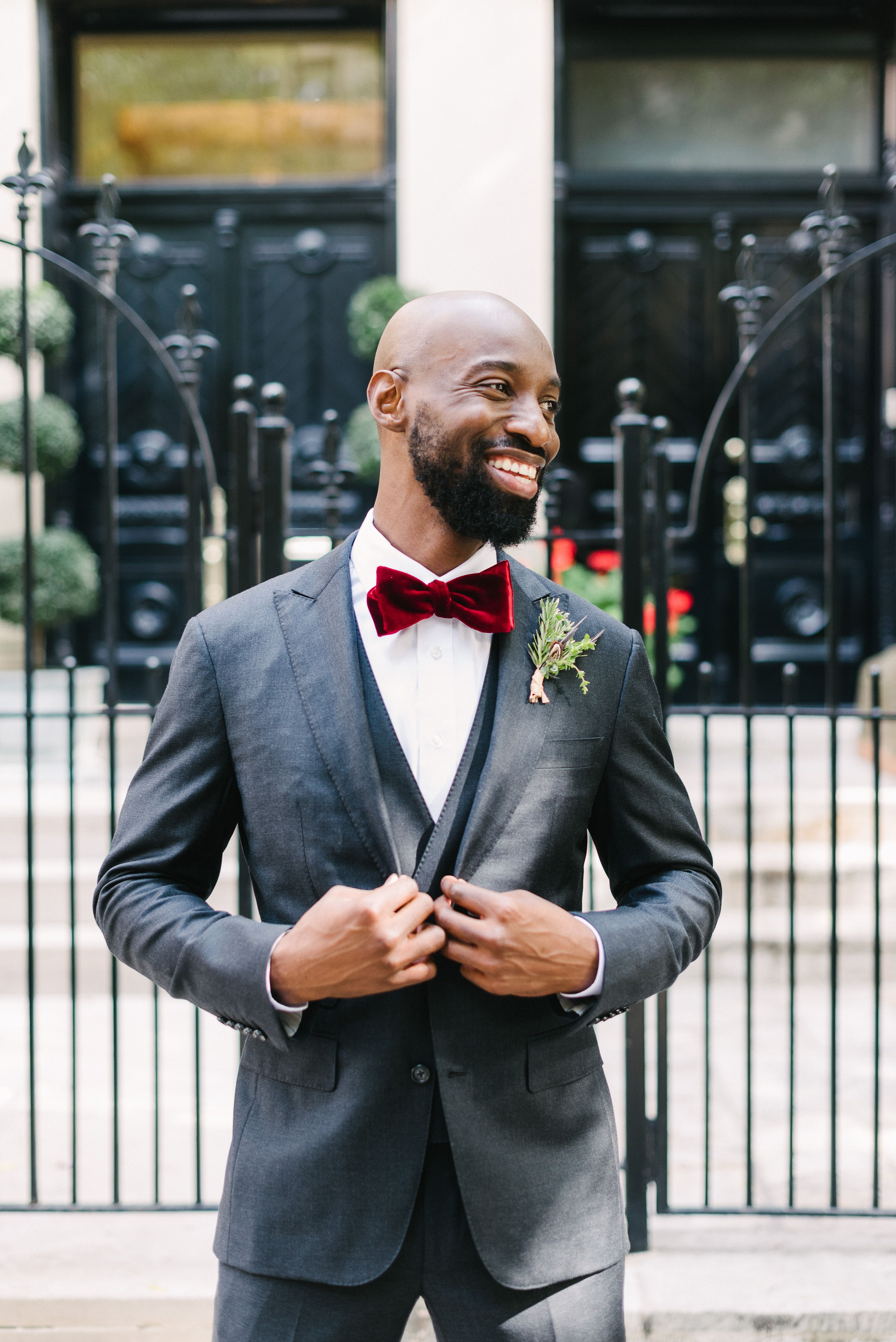 Dark grey tux 2025 with burgundy tie