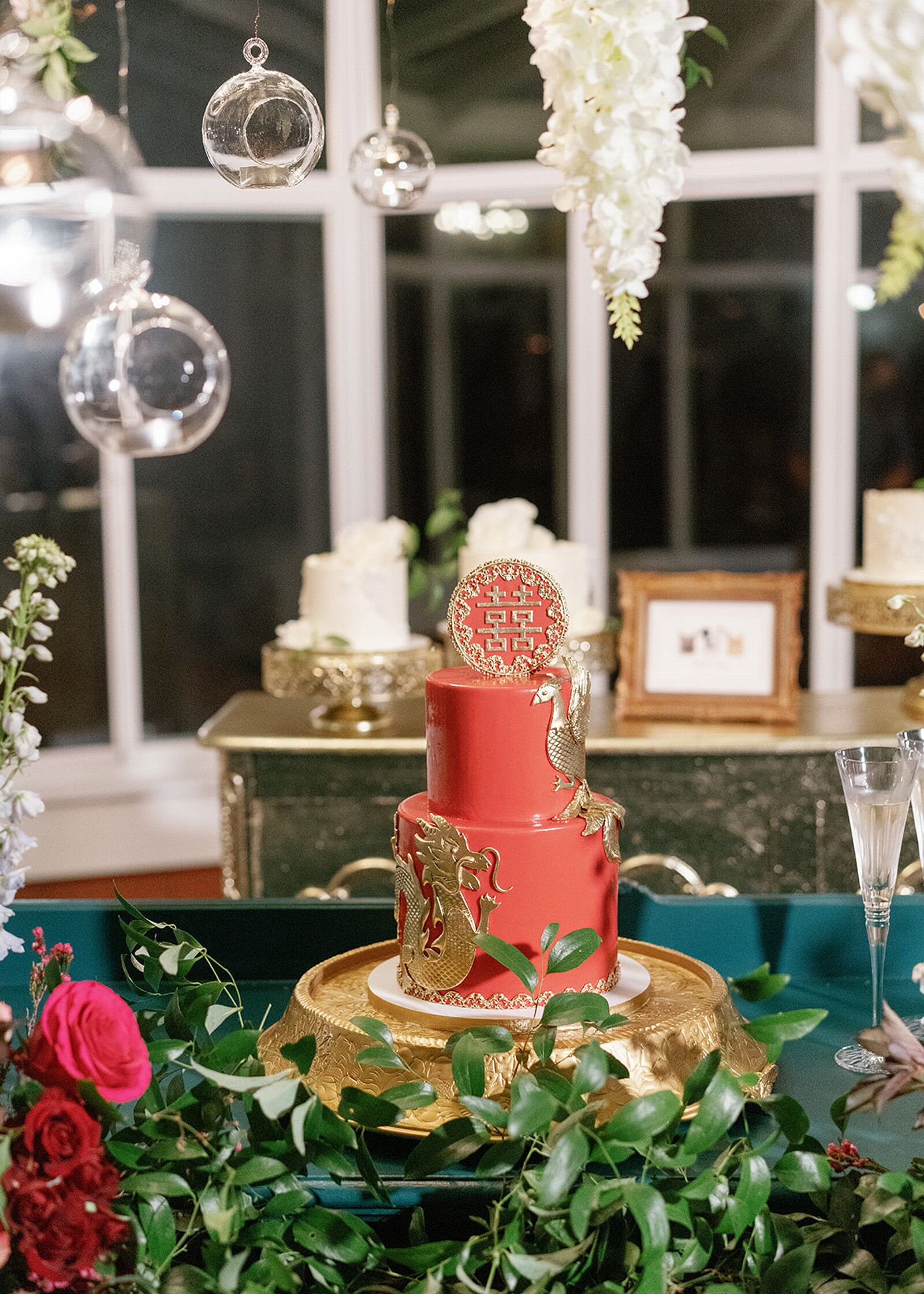 Red Wedding Cake With Gold Dragon and Peacock Accents and Chinese ...