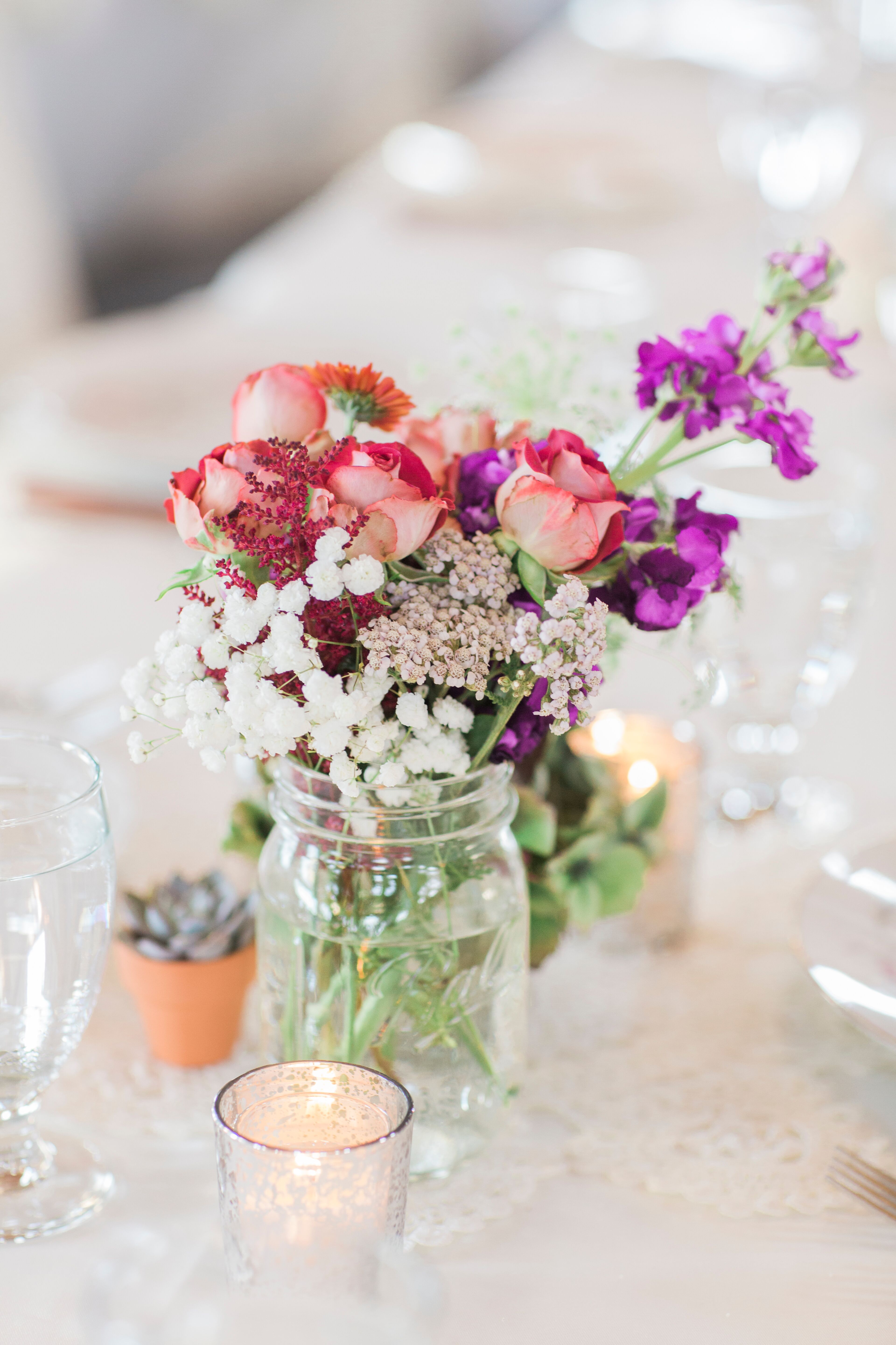 Pink Rose and Wildflower Mason Jar Centerpieces