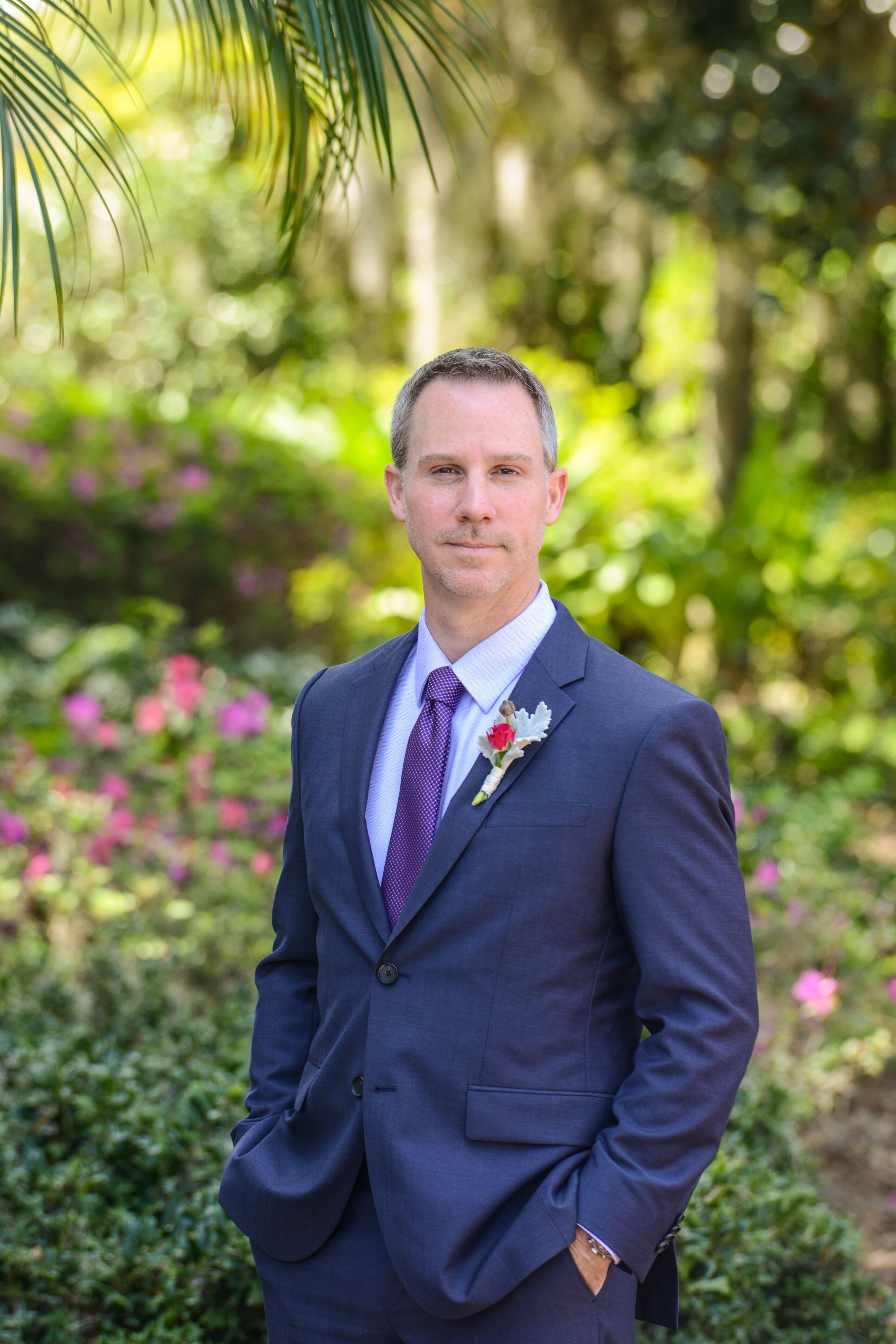 lilac tie with navy suit