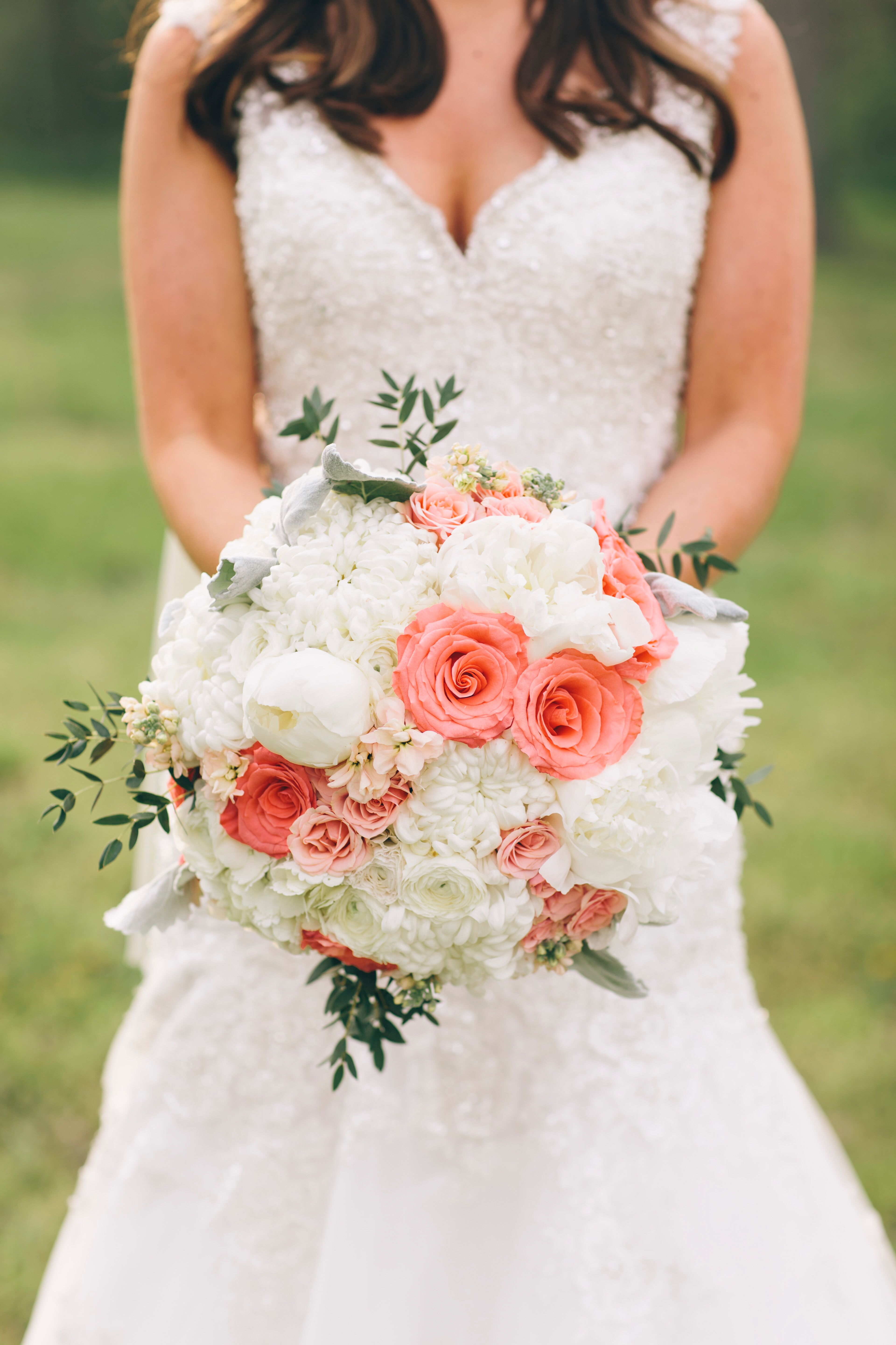 Lush White and Coral Bridal Bouquet