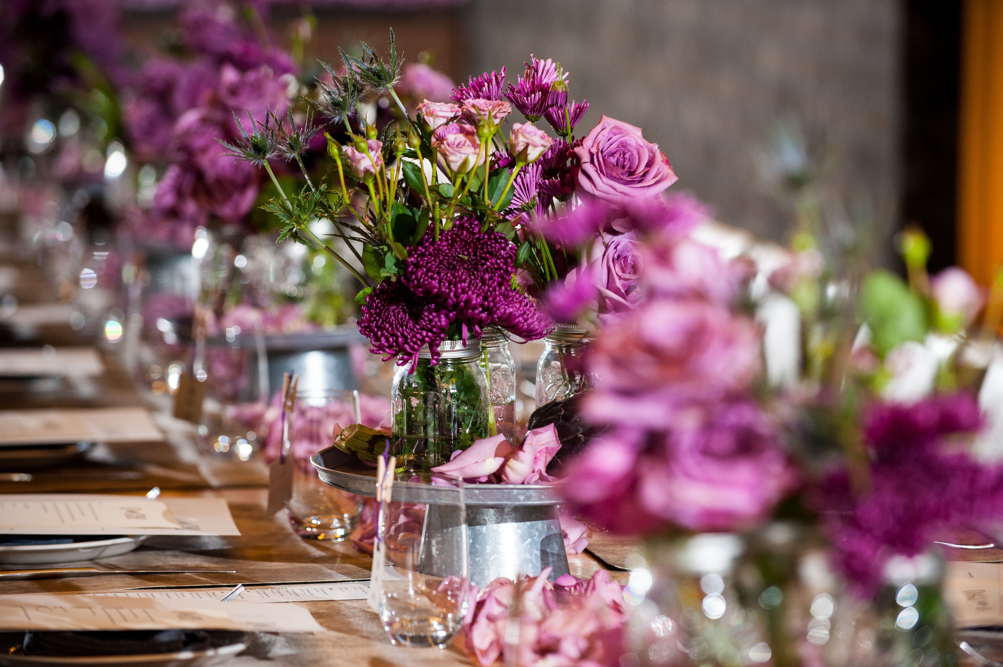 Purple Chrysanthemum and Rose Centerpieces