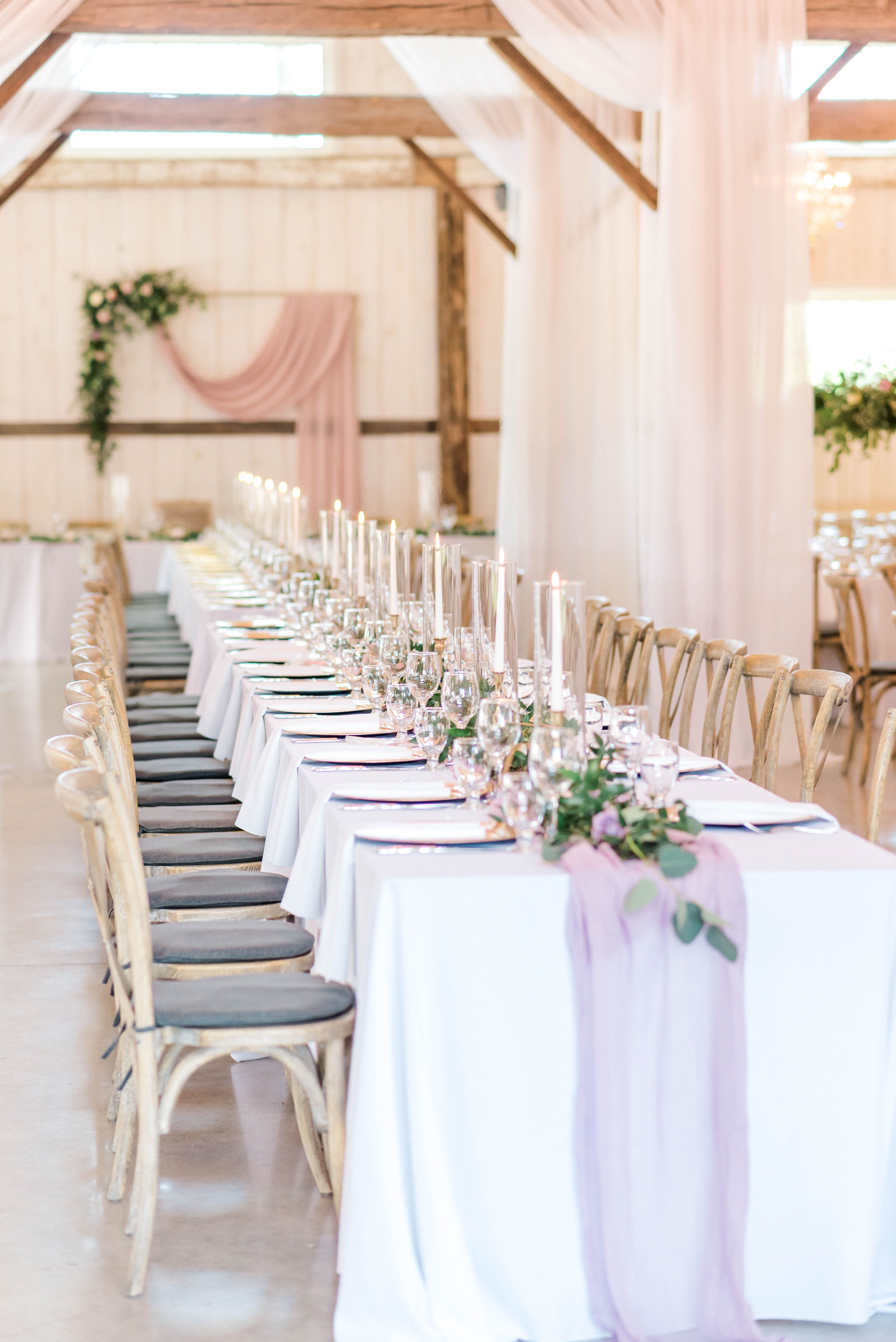 Romantic Dining Table with Purple Runner and Wood Chiavari Chairs