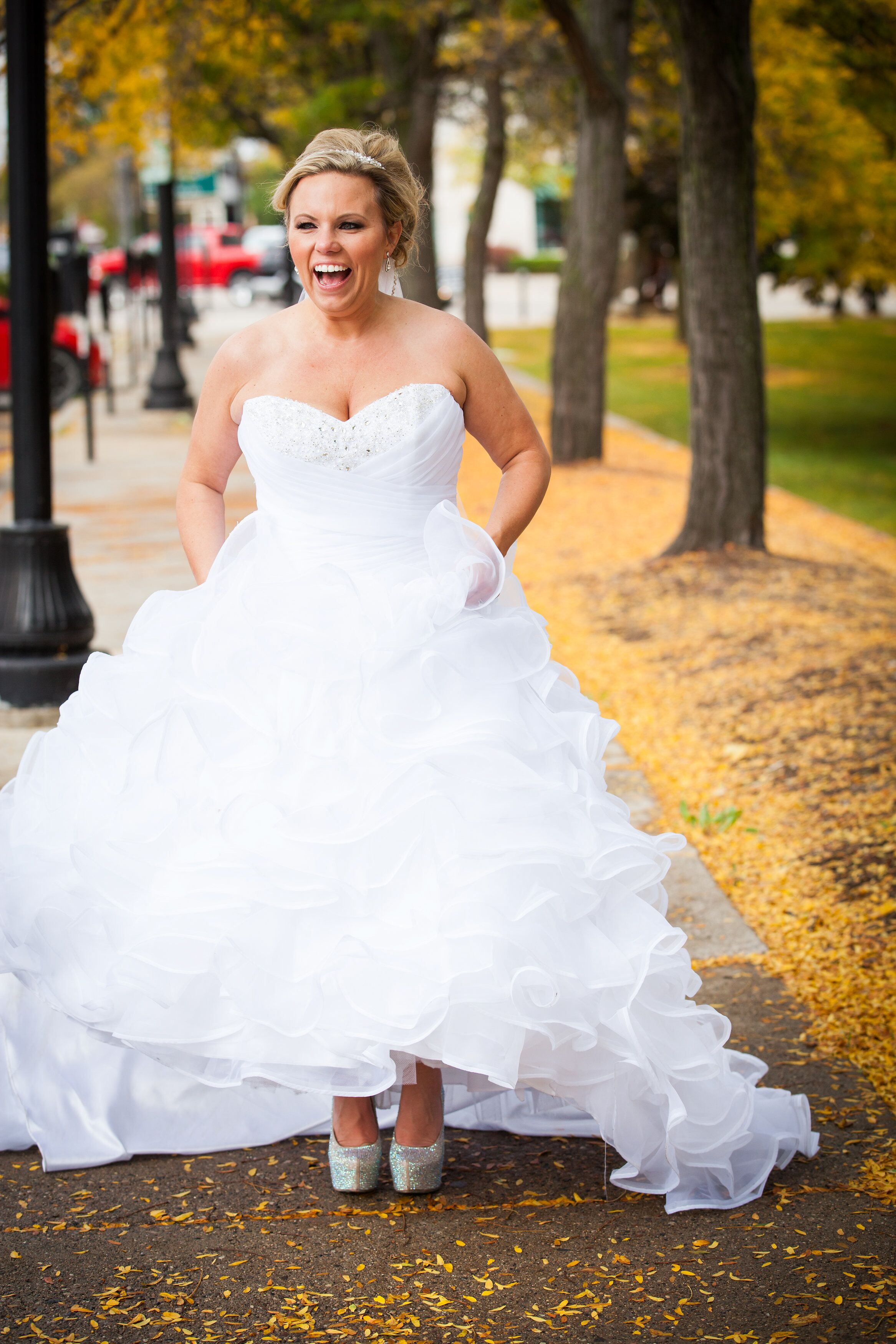 Strapless Drop Waist Wedding Dress with Frilly Tulle Skirt and Updo