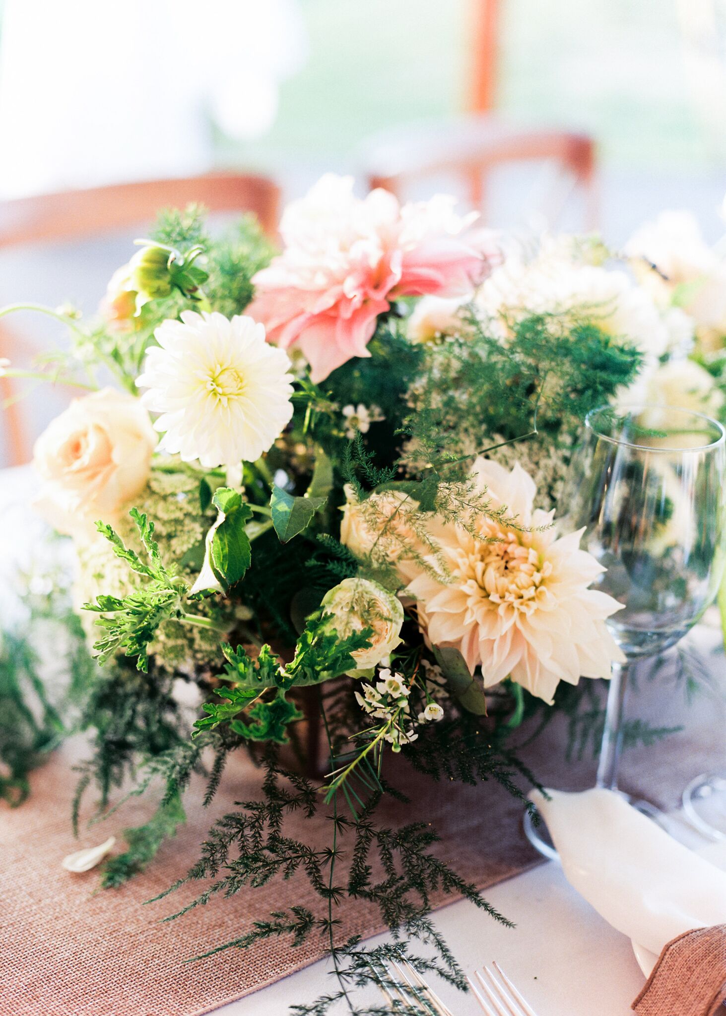 Cafe au Lait Dahlia and Fern Centerpieces