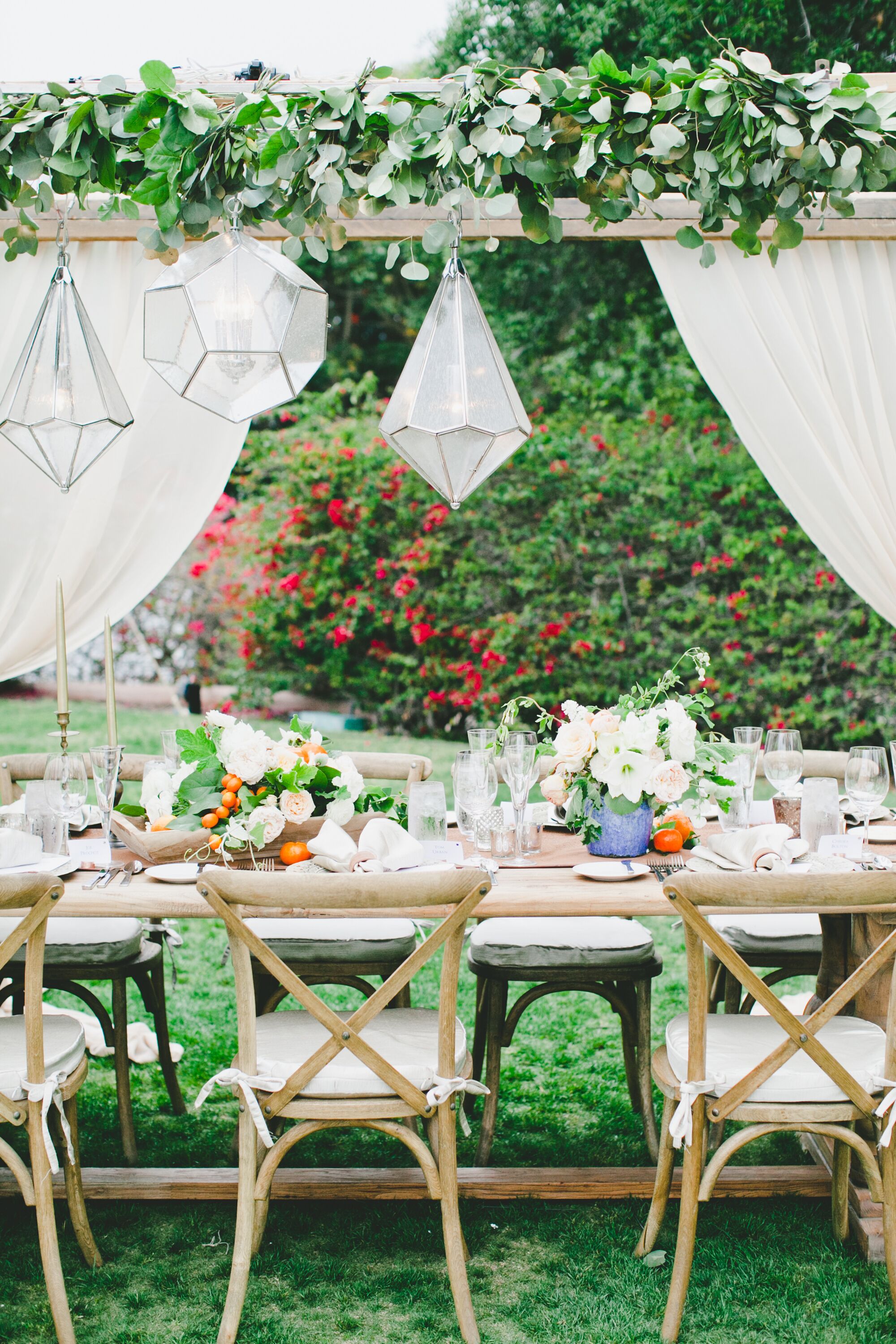 Geometric Chandeliers, Reception Table Centerpieces