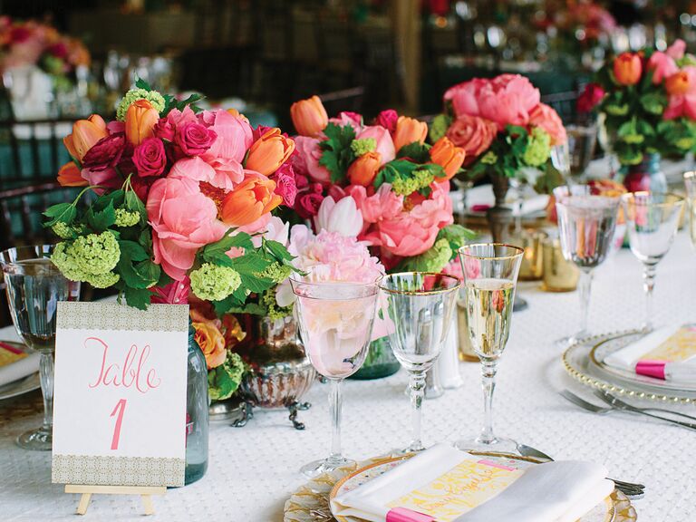 Peony, tulip, rose and hydrangea reception centerpieces