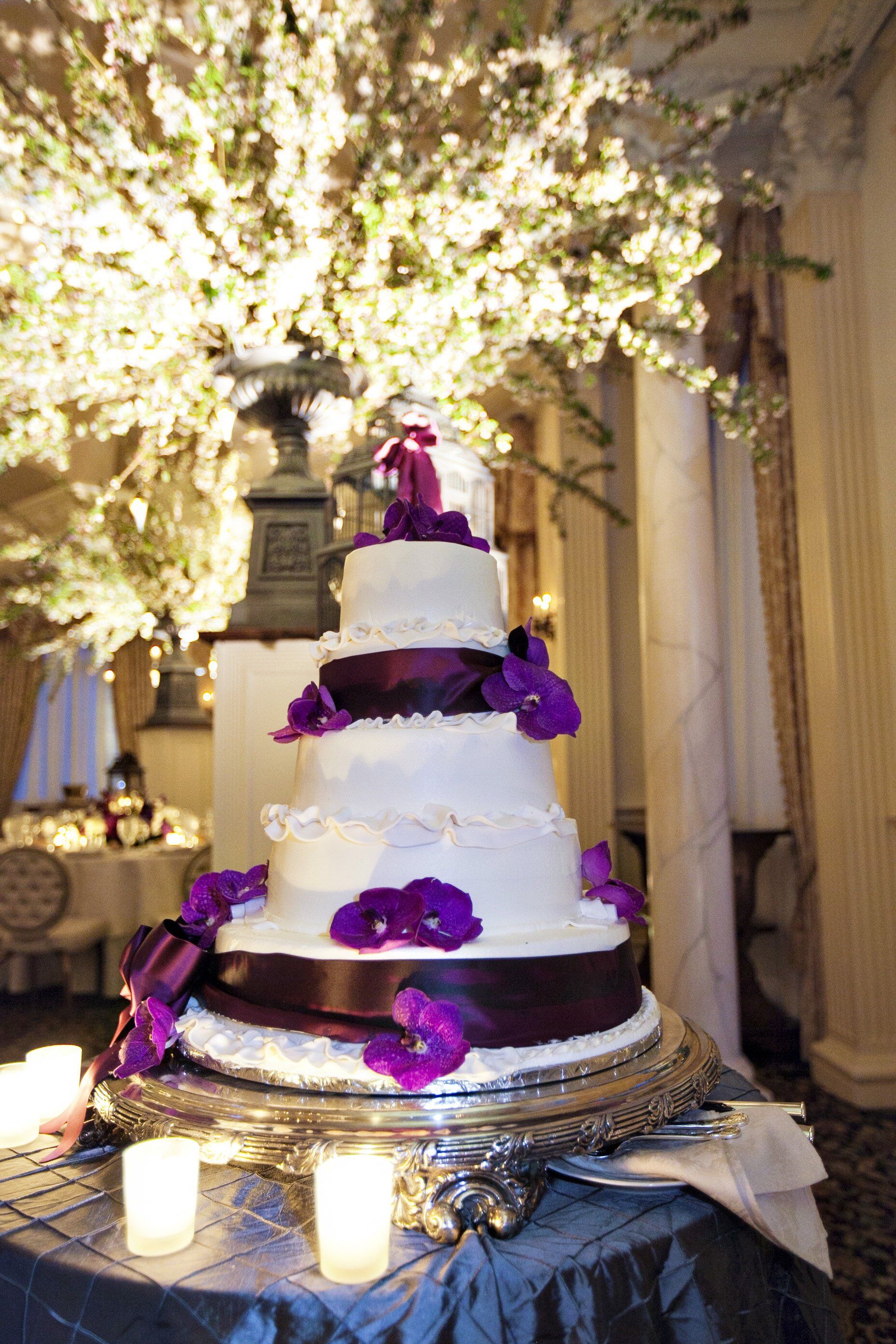 Five-Tier White and Purple Cake