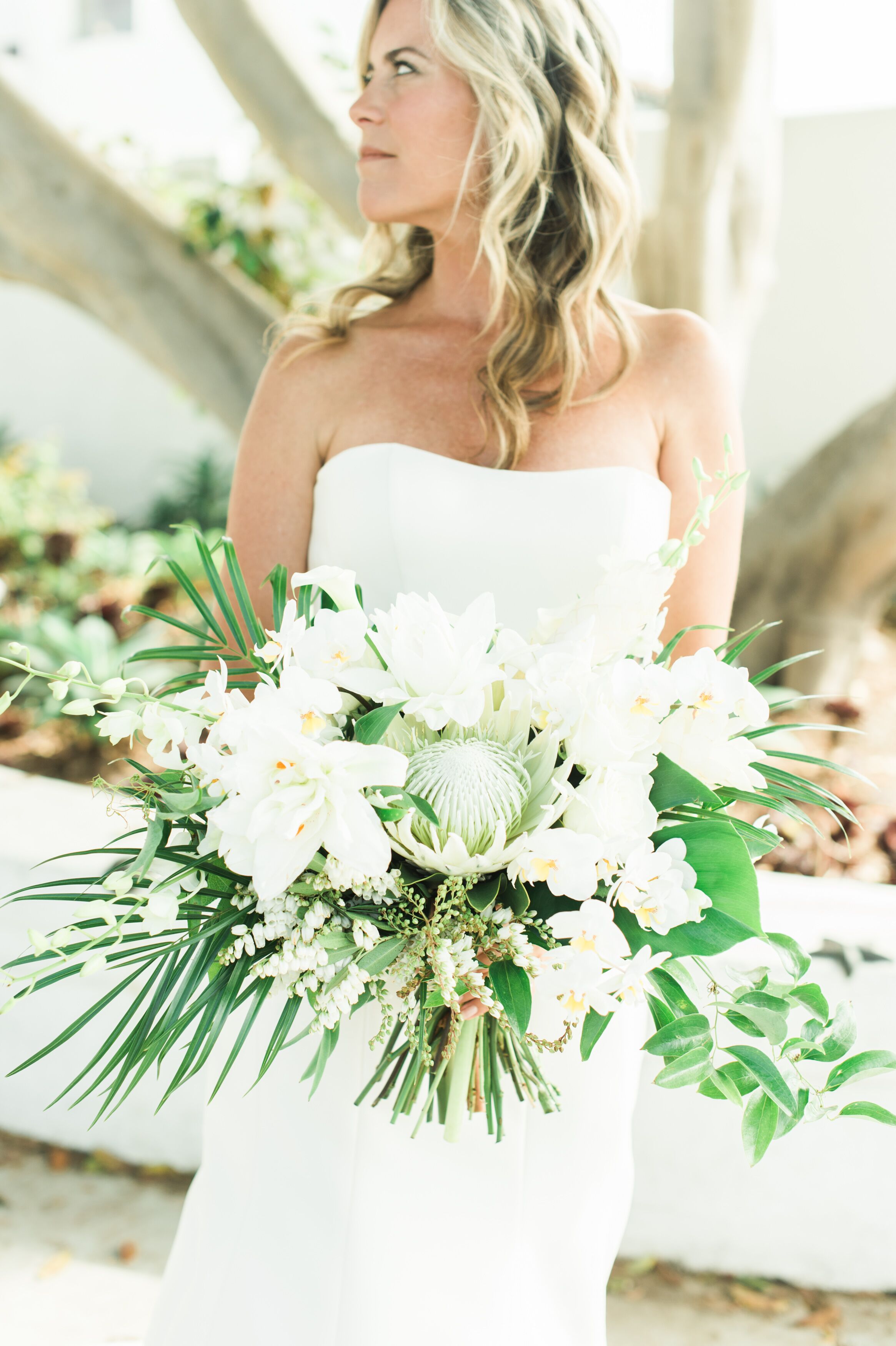 Tropical Bouquet of Hibiscus, Protea and Monstera Leaves