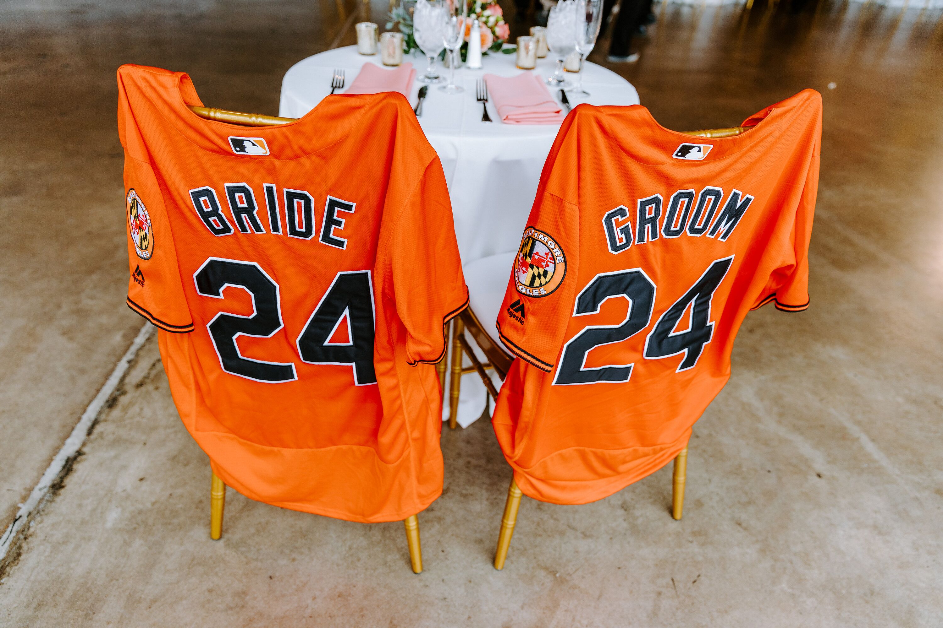 Bespoke Orioles Jerseys at Wedding at Baltimore Museum of Industry