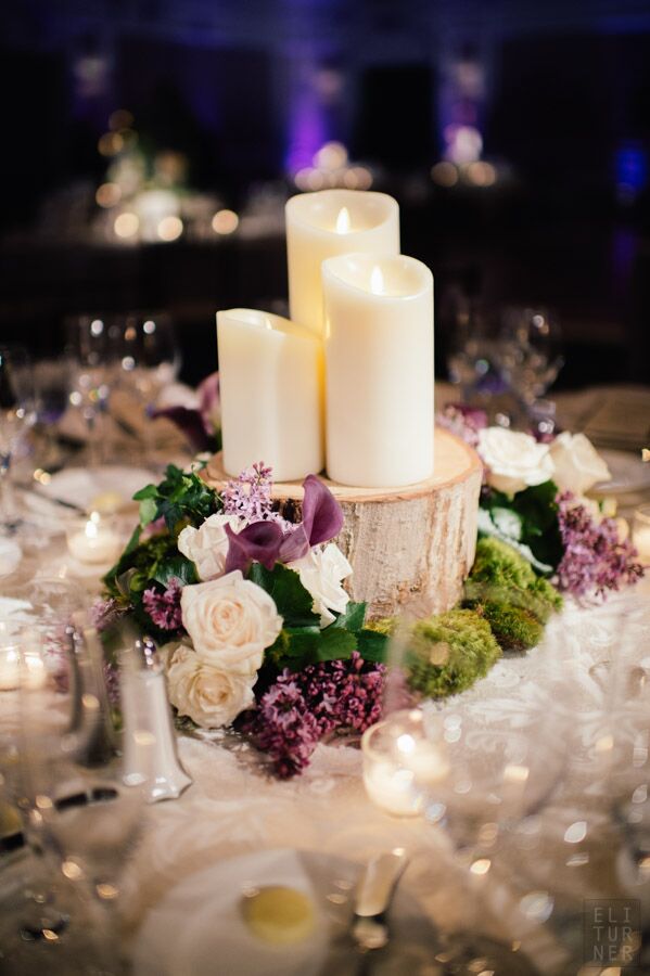 Centerpieces with Candles on Wood Slabs