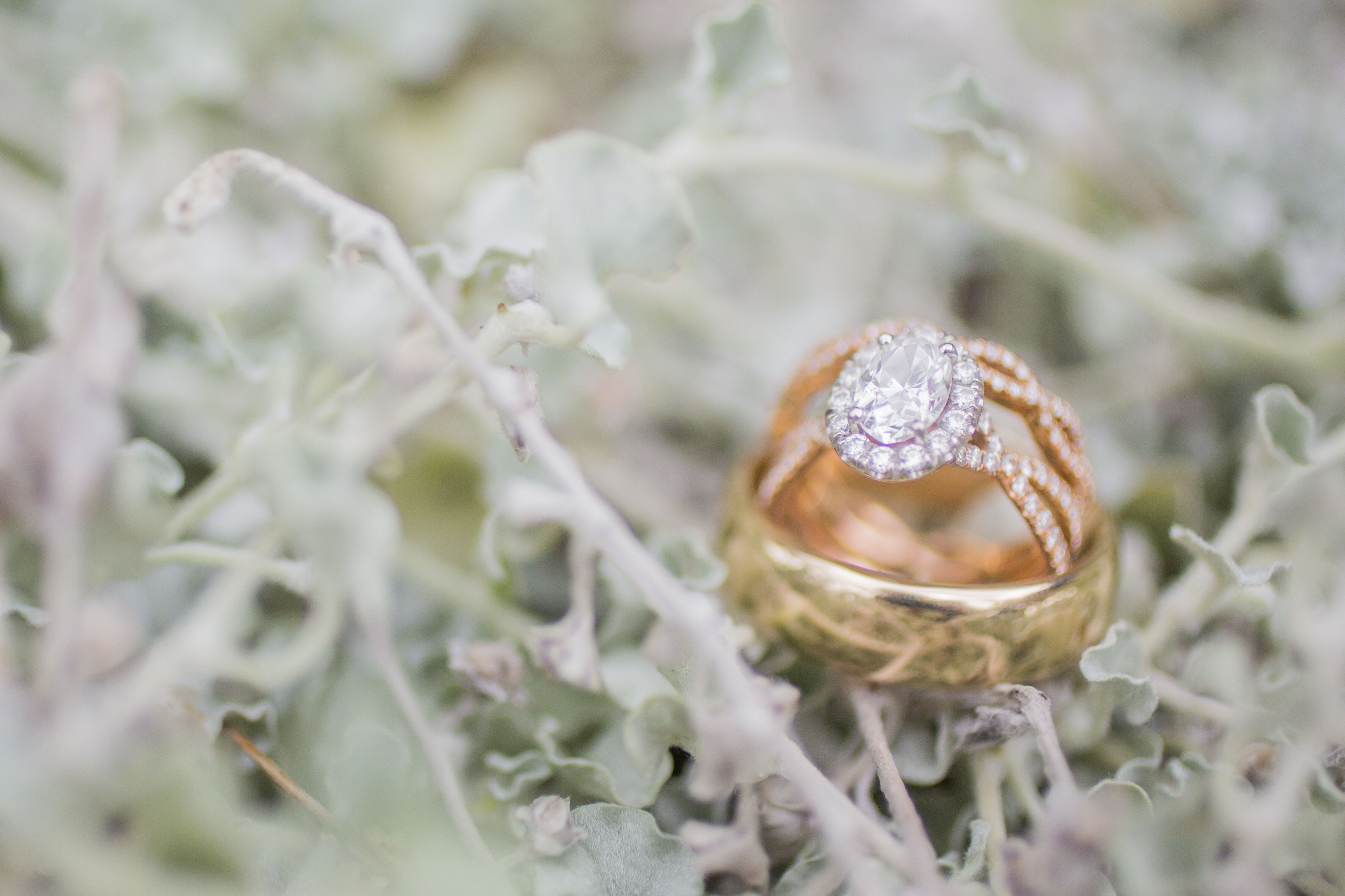 Rose Gold Wedding Rings with Oval Halo Diamond and Woven Band