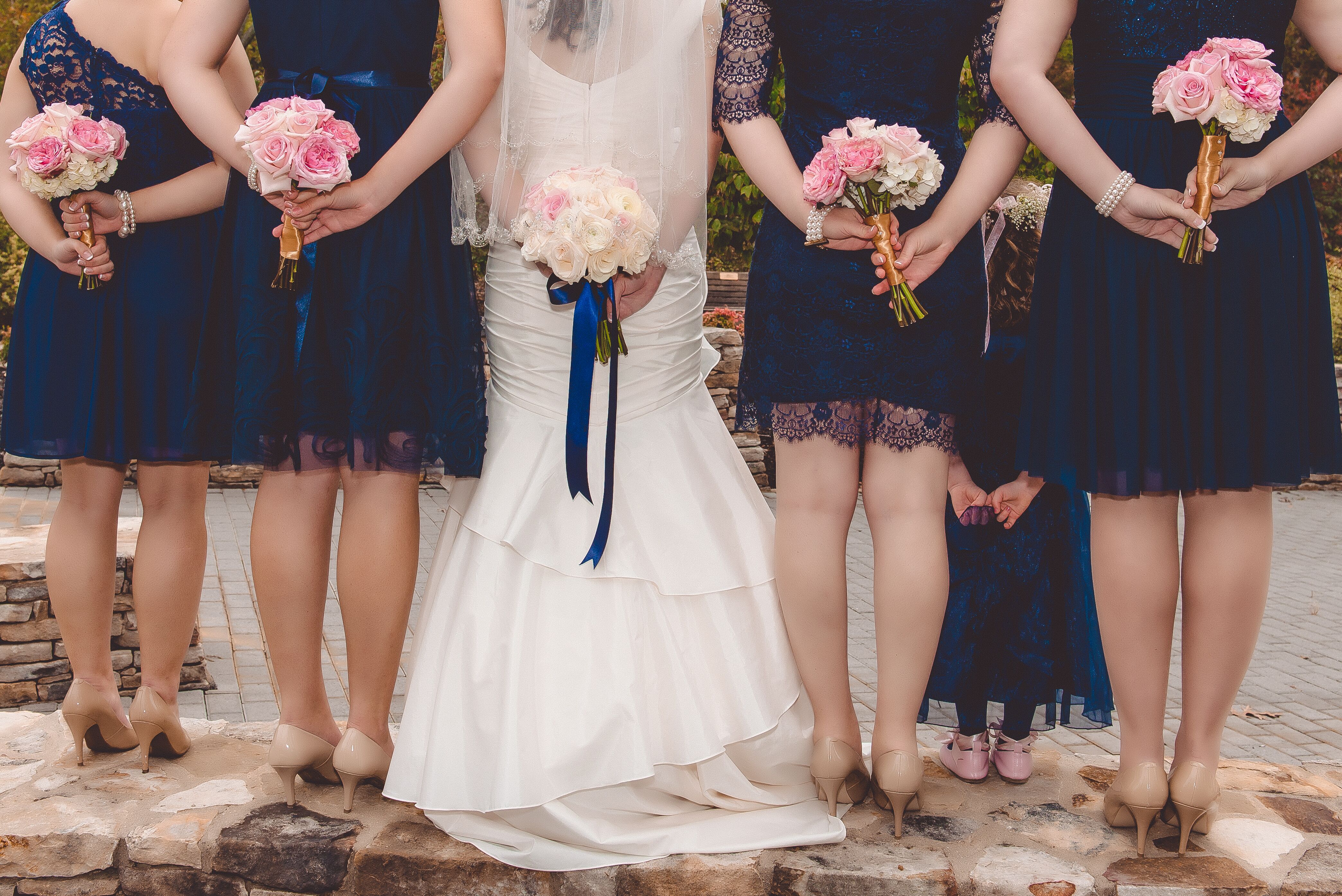 Navy Bridesmaid Dresses and Pink Bouquets