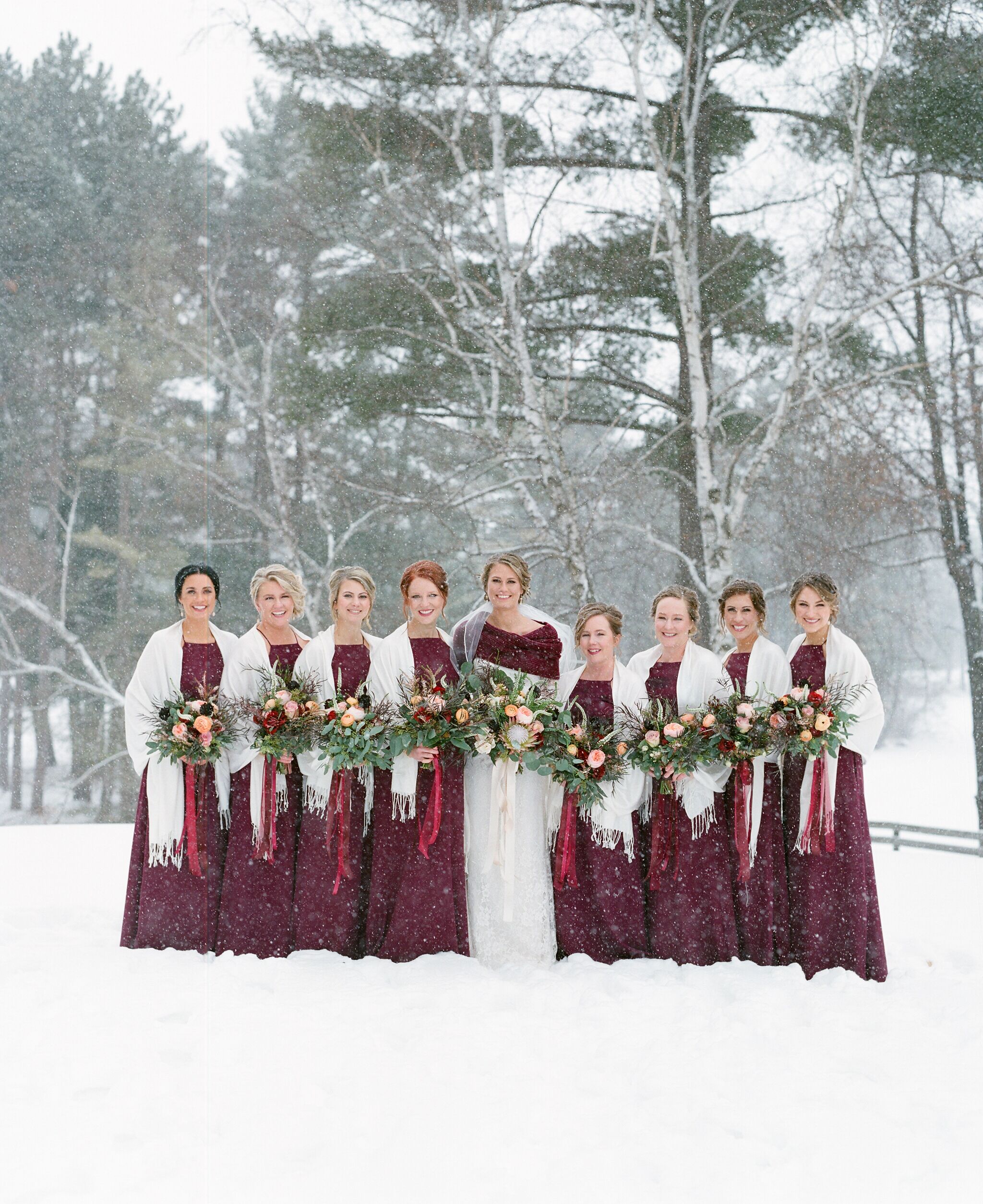 burgundy dress with fur shawl