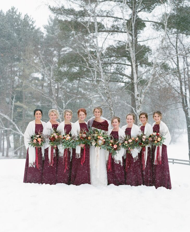 Long Burgundy Bridesmaid  Dresses  and Gray Shawls 