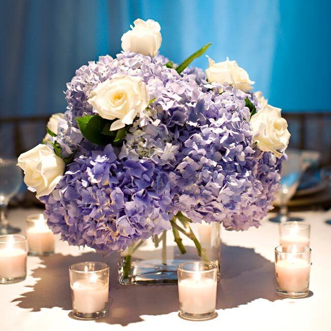 Blue and White Hydrangea and Rose Centerpieces