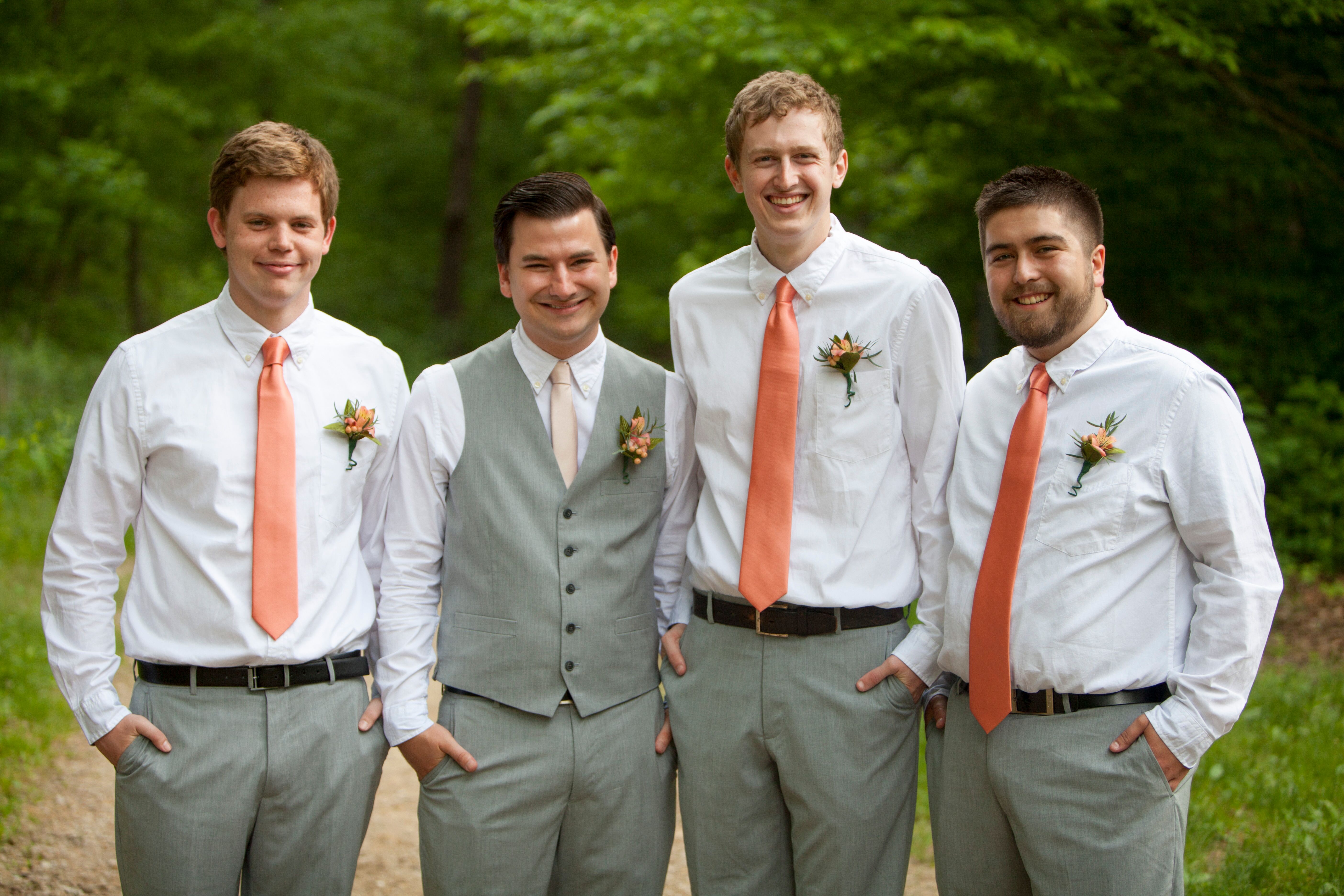 Casual Gray and Peach Groomsmen Attire