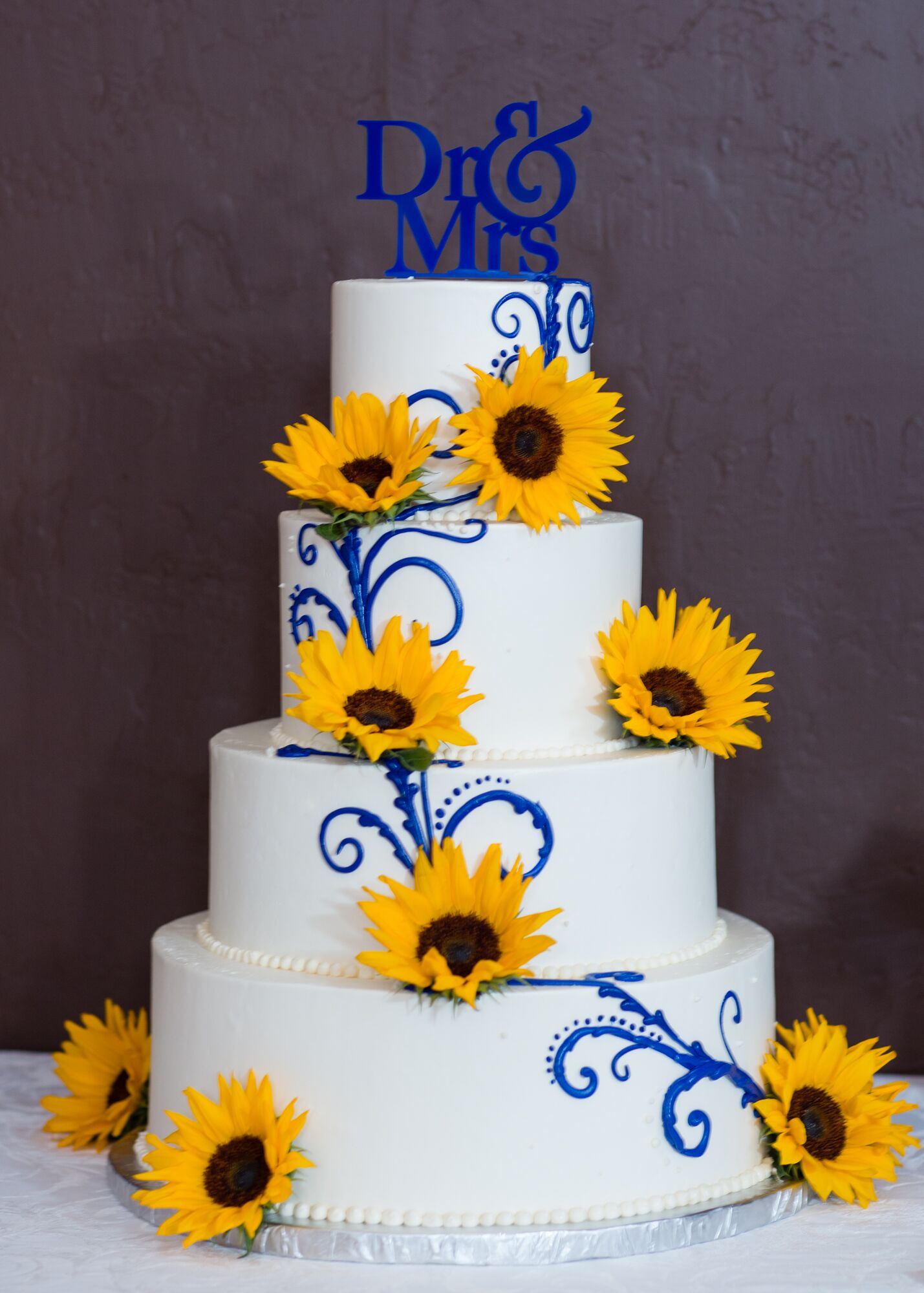 White And Blue Wedding Cake With Sunflowers And Custom