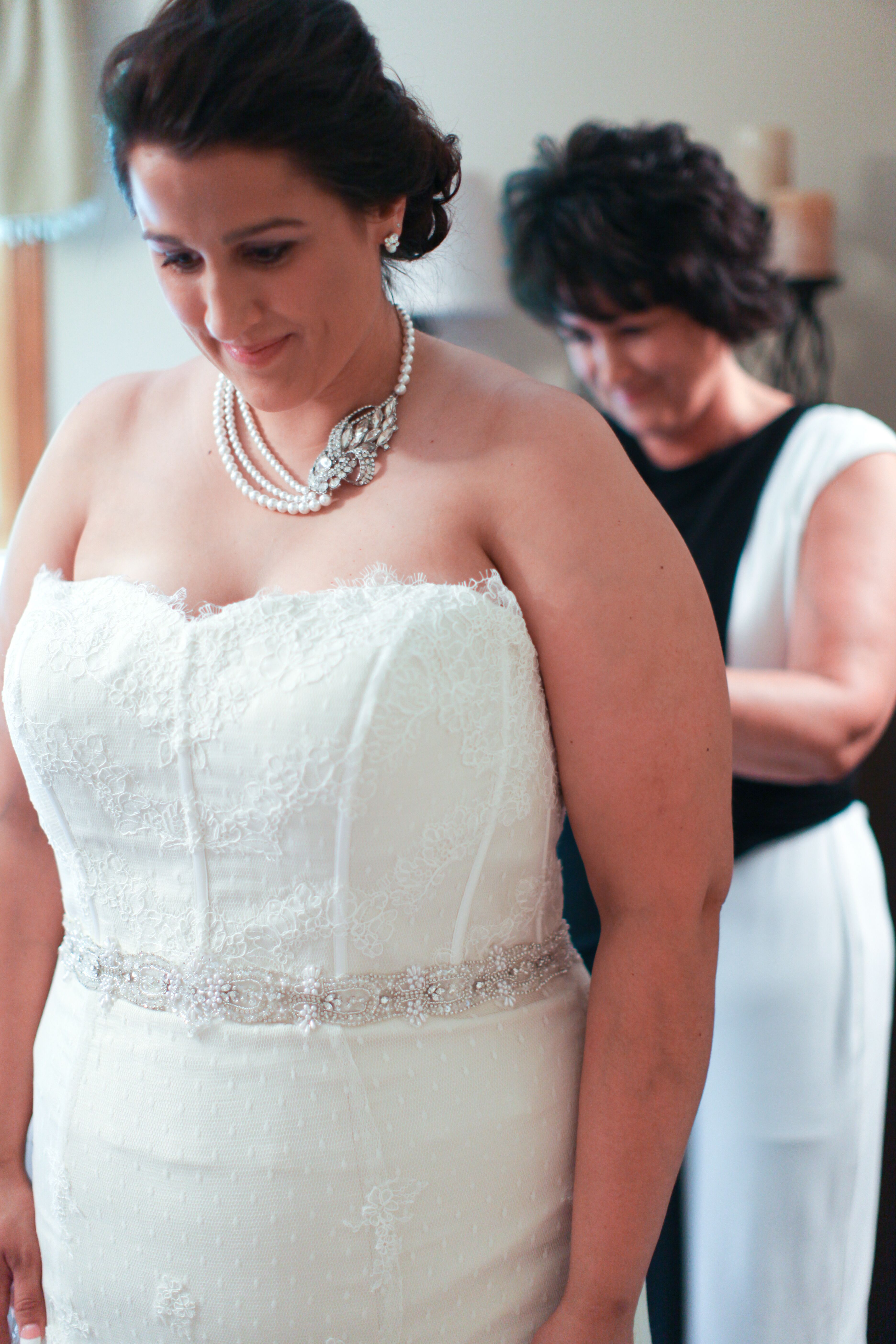 Bride in Strapless Dress with Pearl Necklace