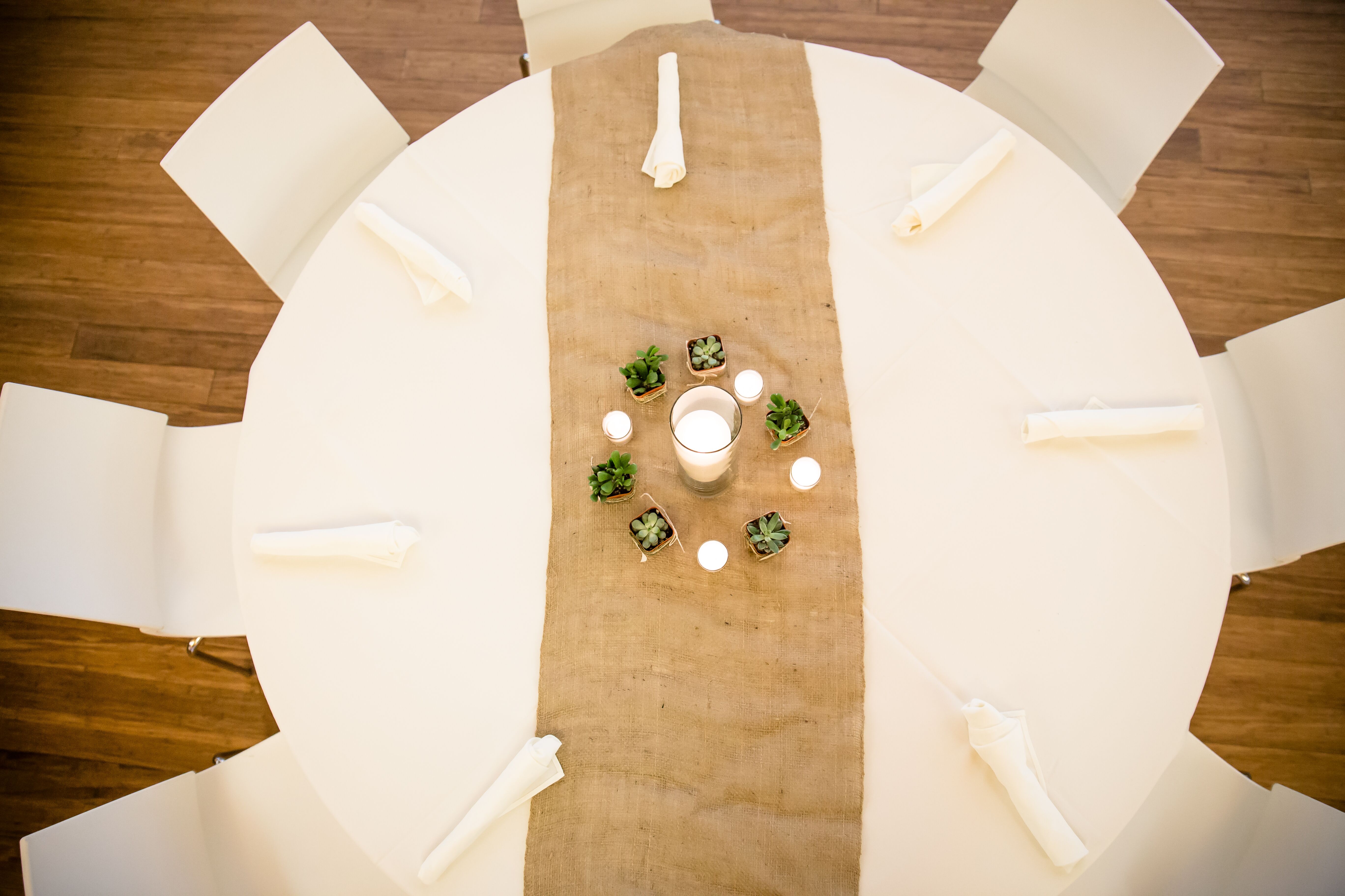 Burlap Table Runner with Candles and Succulents