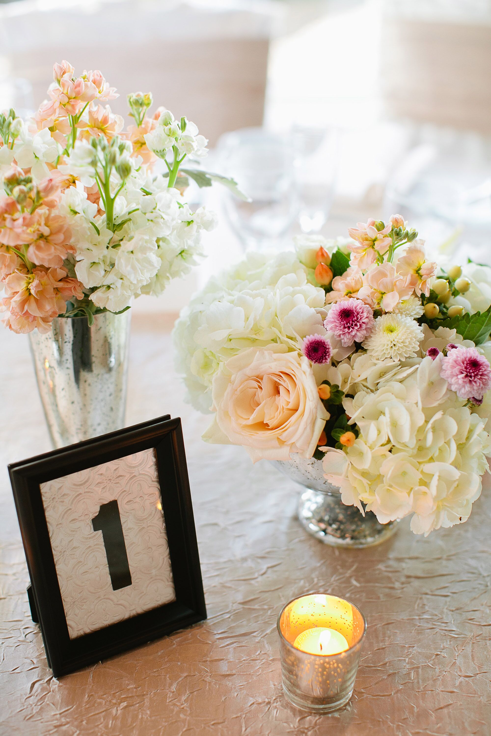 Rose And Hydrangea Floral Centerpieces With Table Numbers