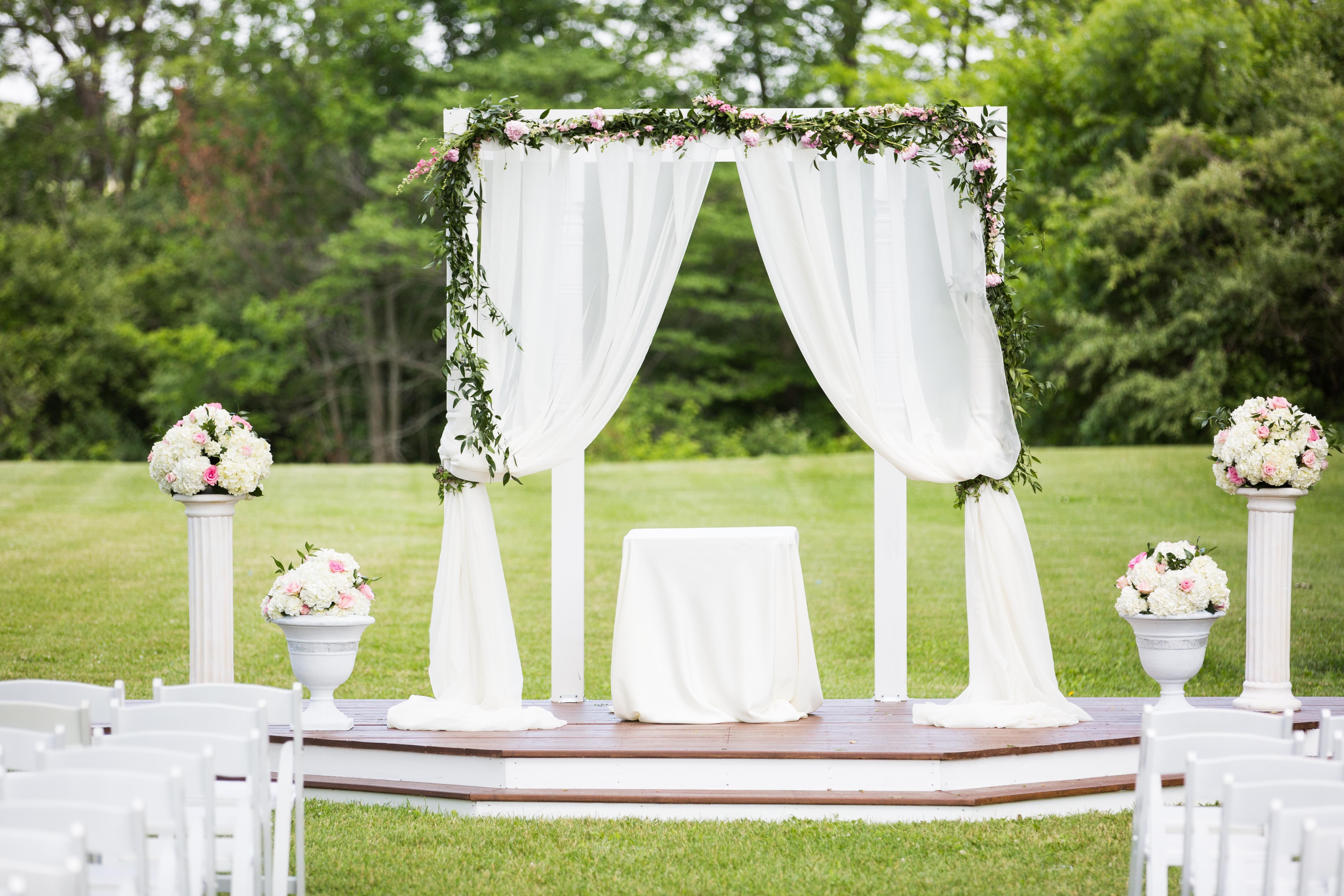 Wooden Platform, White Linen Wedding Arbor Platform