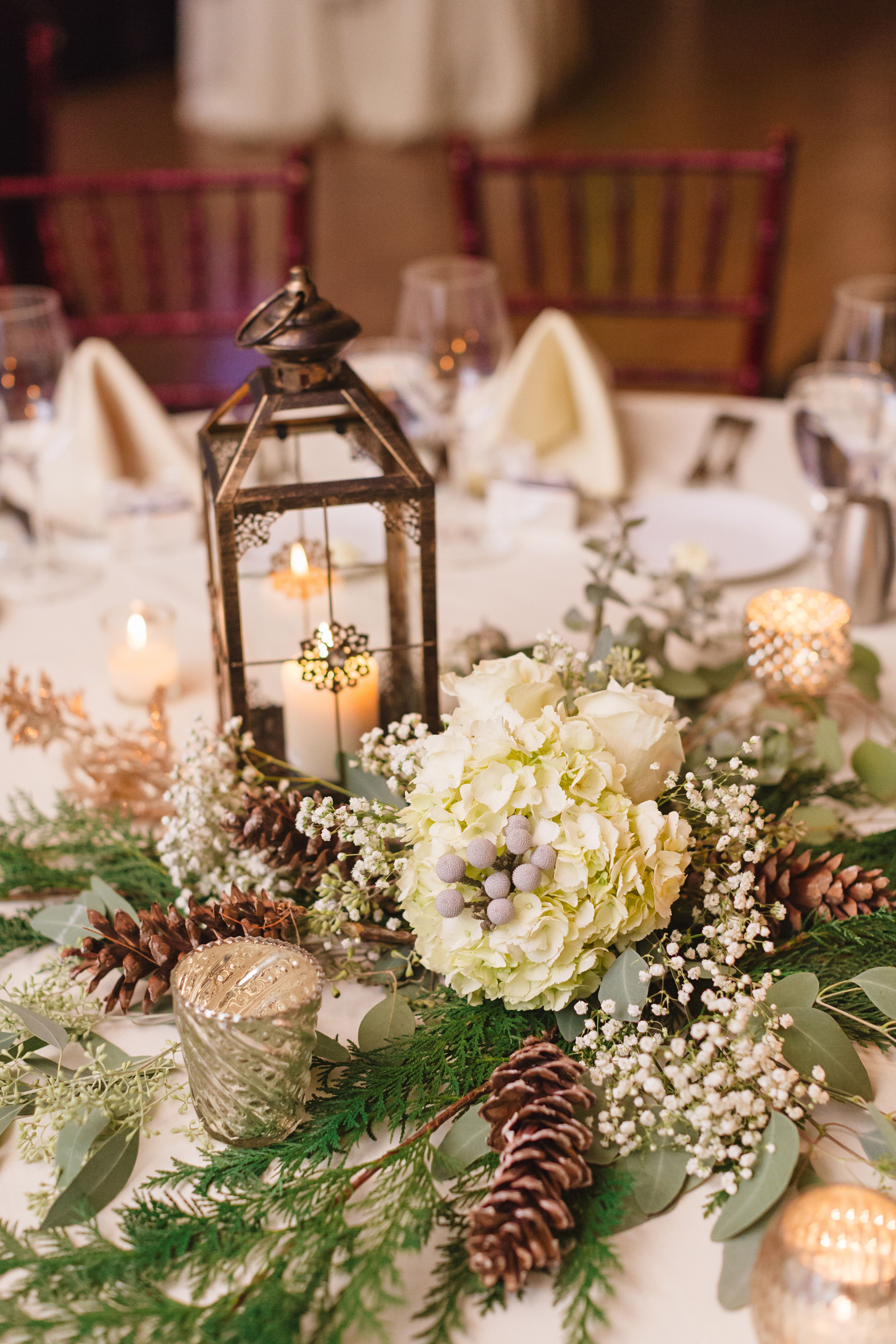 Centerpiece with Lantern, Pinecones, and Hydrangeas