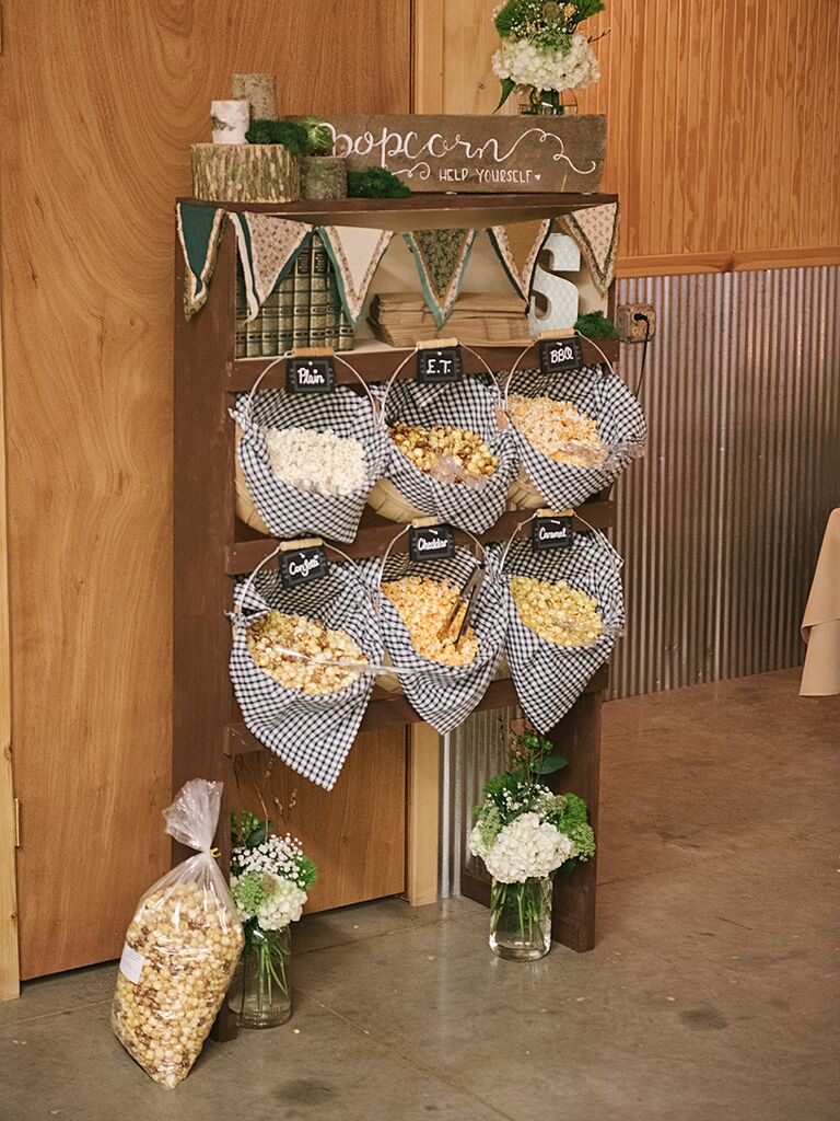 Popcorn bar for a creative wedding reception menu idea
